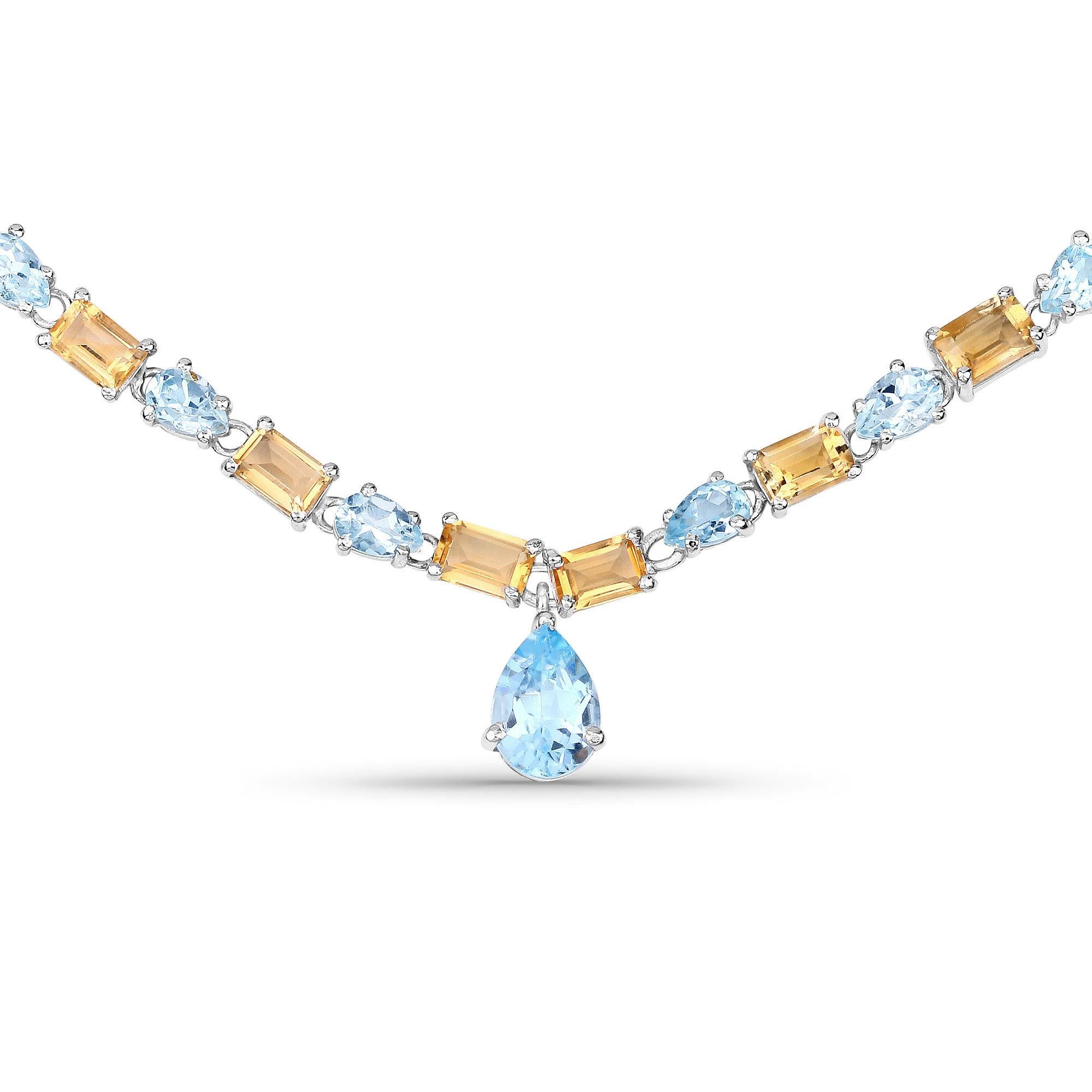 Pear Cut Natural Blue Topaz and Citrine Eternity Necklace 37 Carats Sterling Silver