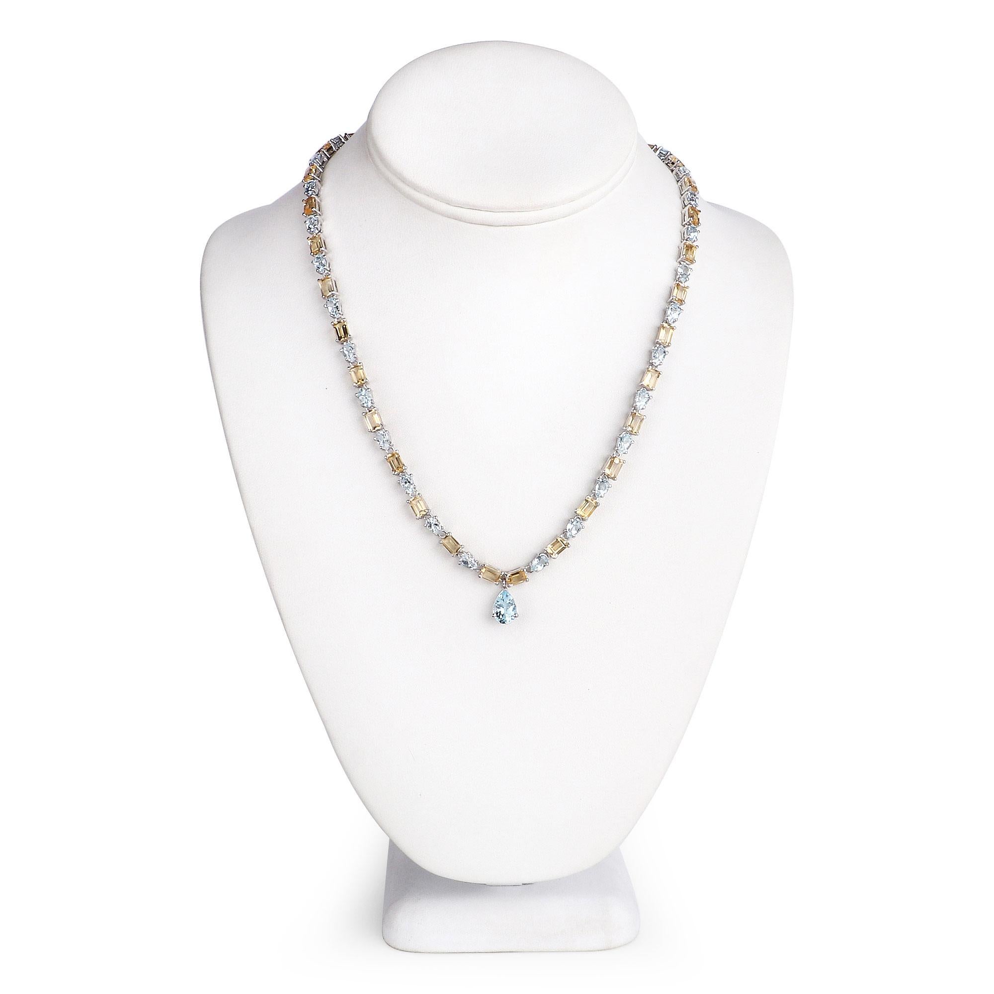 Natural Blue Topaz and Citrine Eternity Necklace 37 Carats Sterling Silver In Excellent Condition In Laguna Niguel, CA