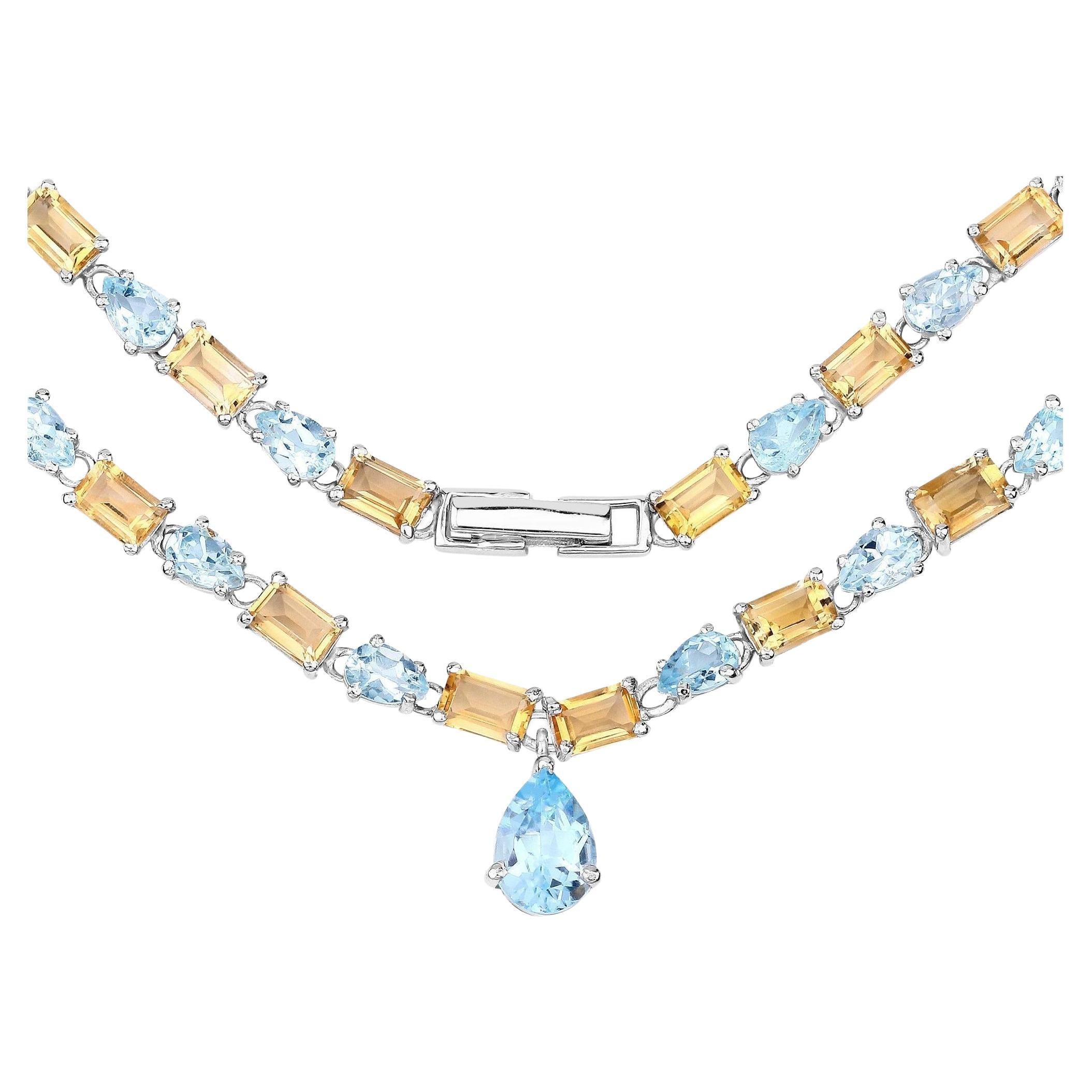 Natural Blue Topaz and Citrine Eternity Necklace 37 Carats Sterling Silver For Sale