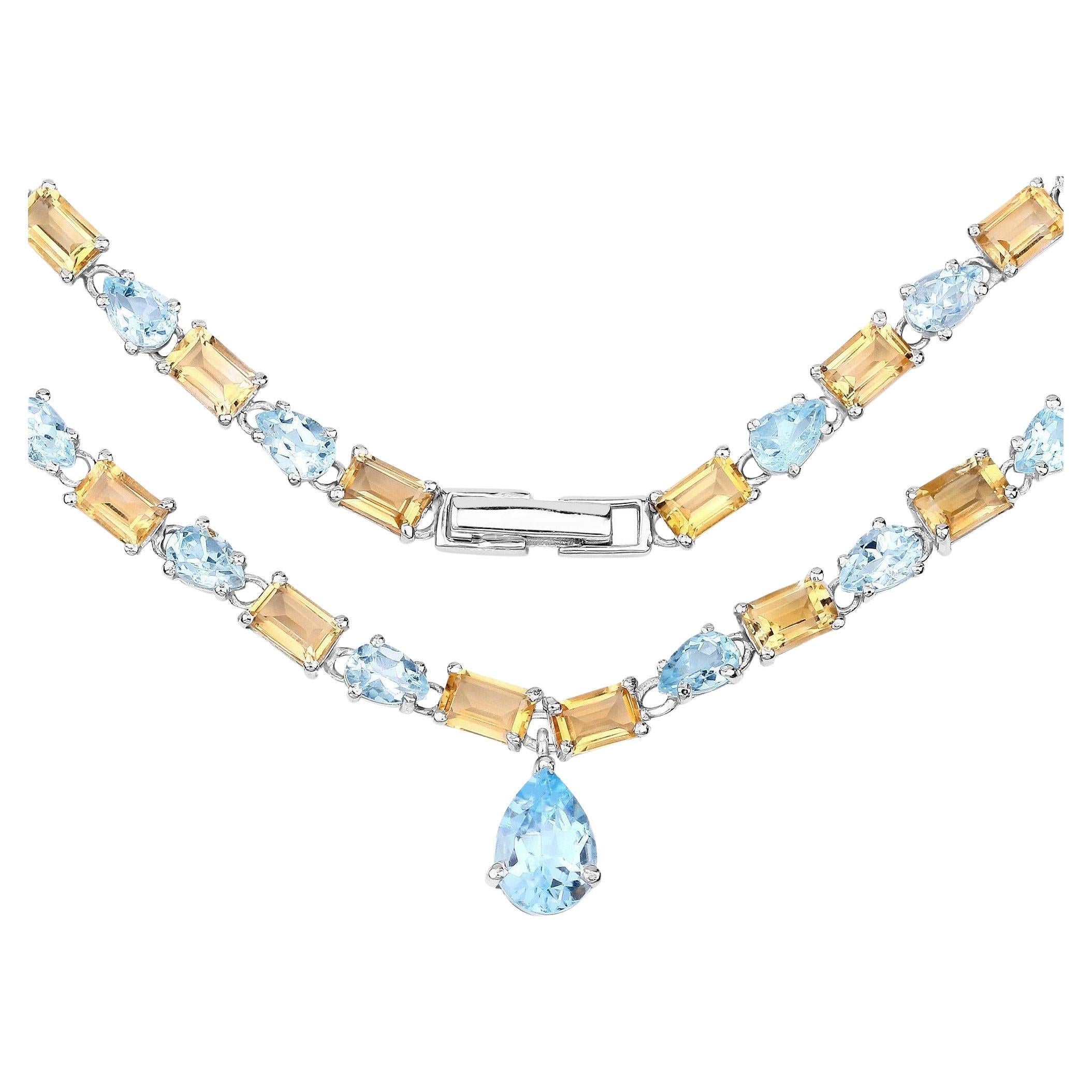 Natural Blue Topaz and Citrine Eternity Necklace 37 Carats Sterling Silver For Sale