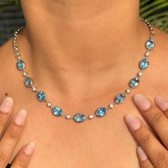 Natural Blue Topaz and Cubic Zirconia Station Wedding Necklace in 925 Silver