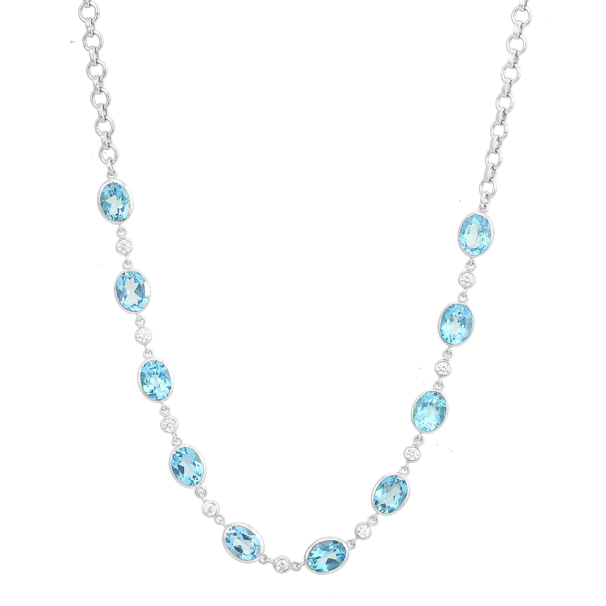Natural Blue Topaz and Cubic Zirconia Station Wedding Necklace in 925 Silver For Sale 1