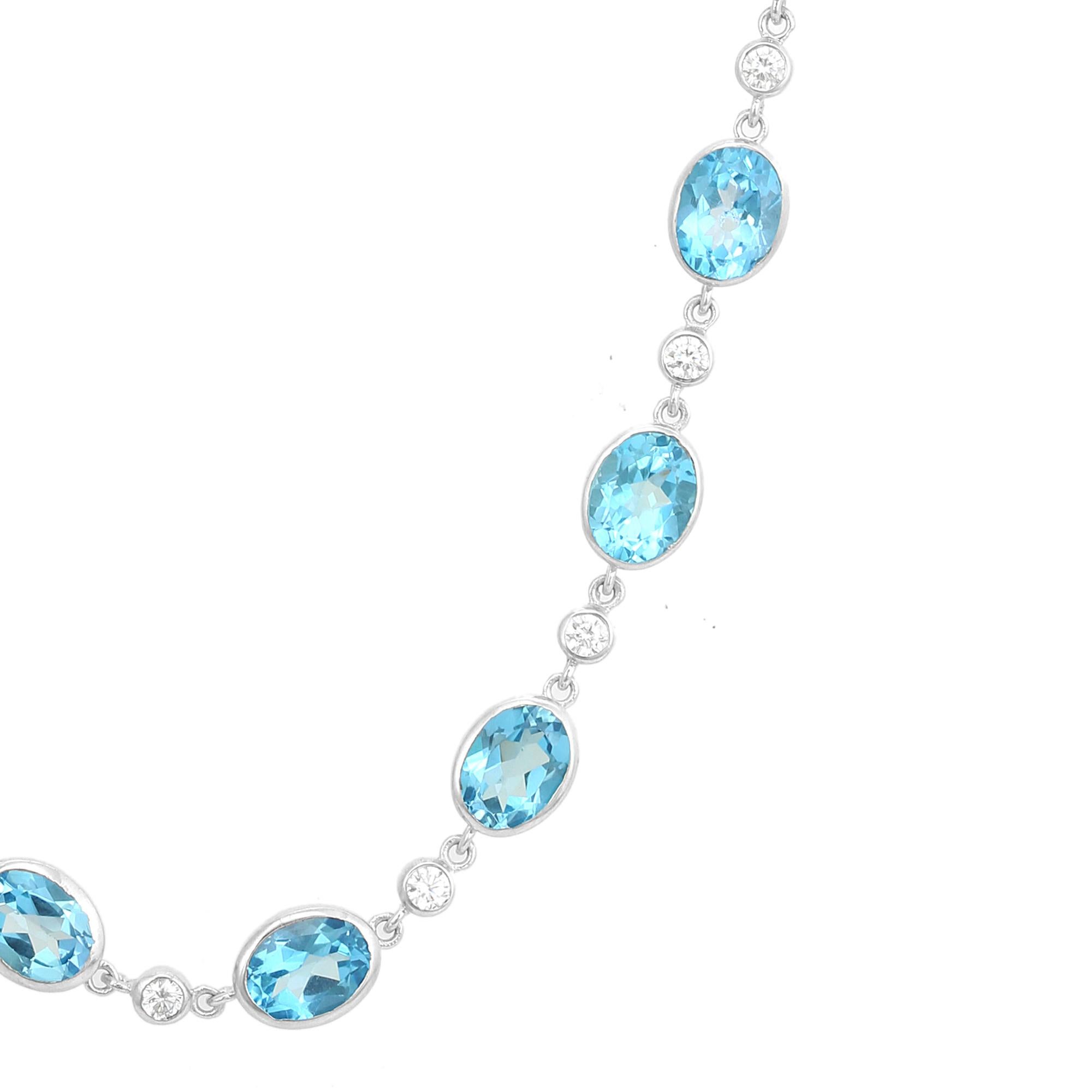 Natural Blue Topaz and Cubic Zirconia Station Wedding Necklace in 925 Silver For Sale 2