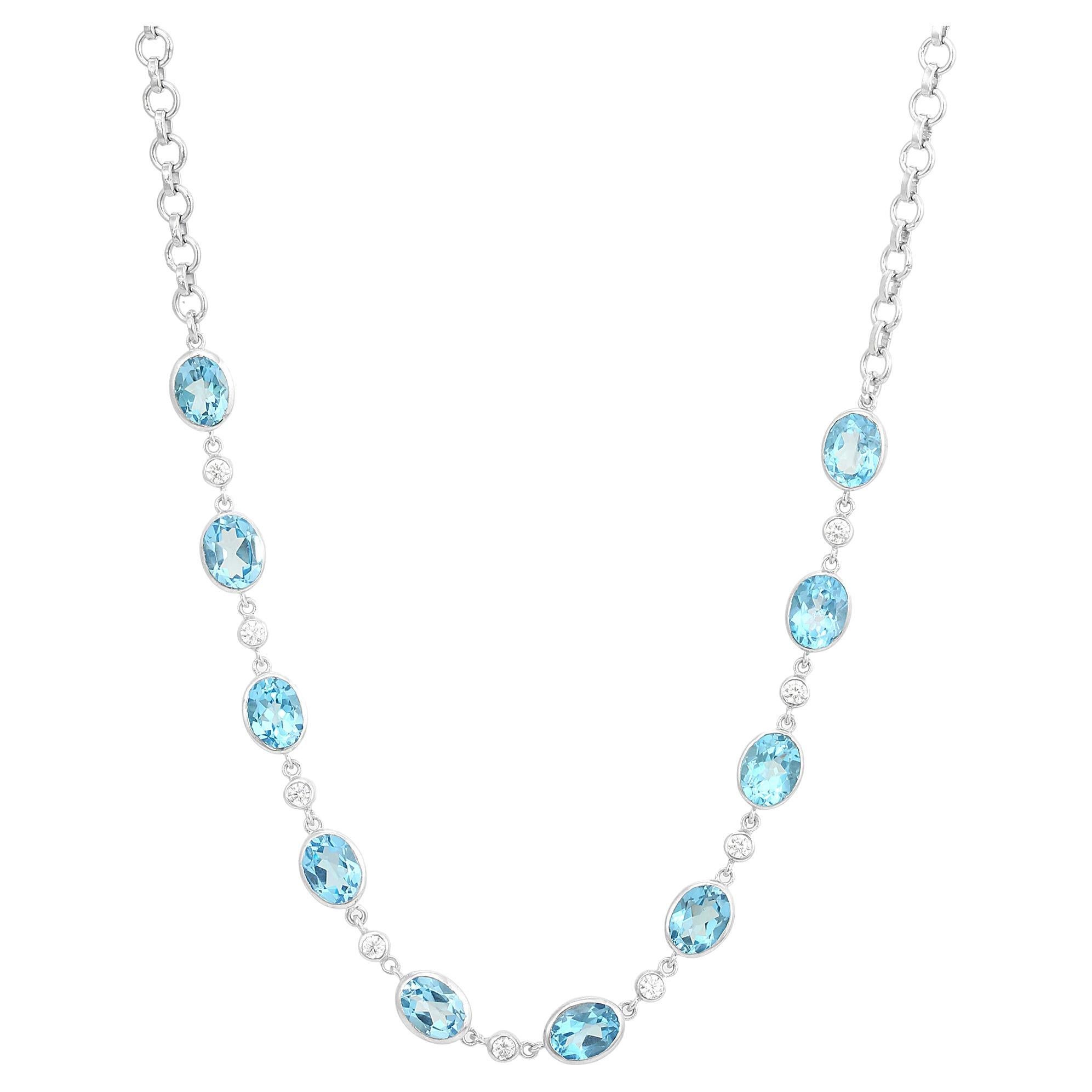 Natural Blue Topaz and Cubic Zirconia Station Wedding Necklace in 925 Silver For Sale