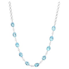 Natural Blue Topaz and Cubic Zirconia Station Wedding Necklace in 925 Silver