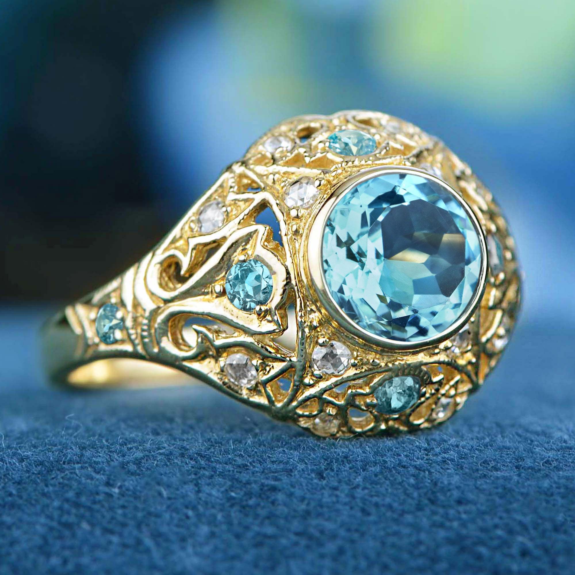 Edwardian Blue Topaz and Diamond Vintage Style Dome Ring in Solid 9K Yellow Gold For Sale