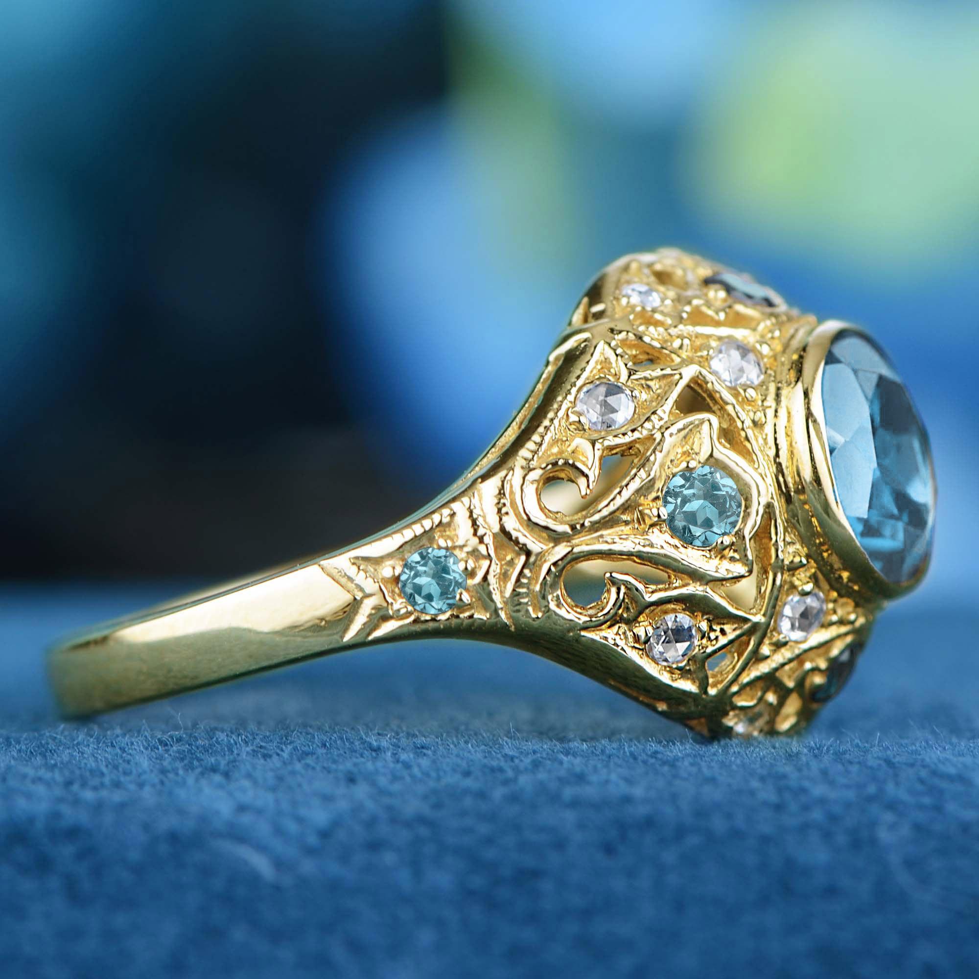 Round Cut Blue Topaz and Diamond Vintage Style Dome Ring in Solid 9K Yellow Gold For Sale