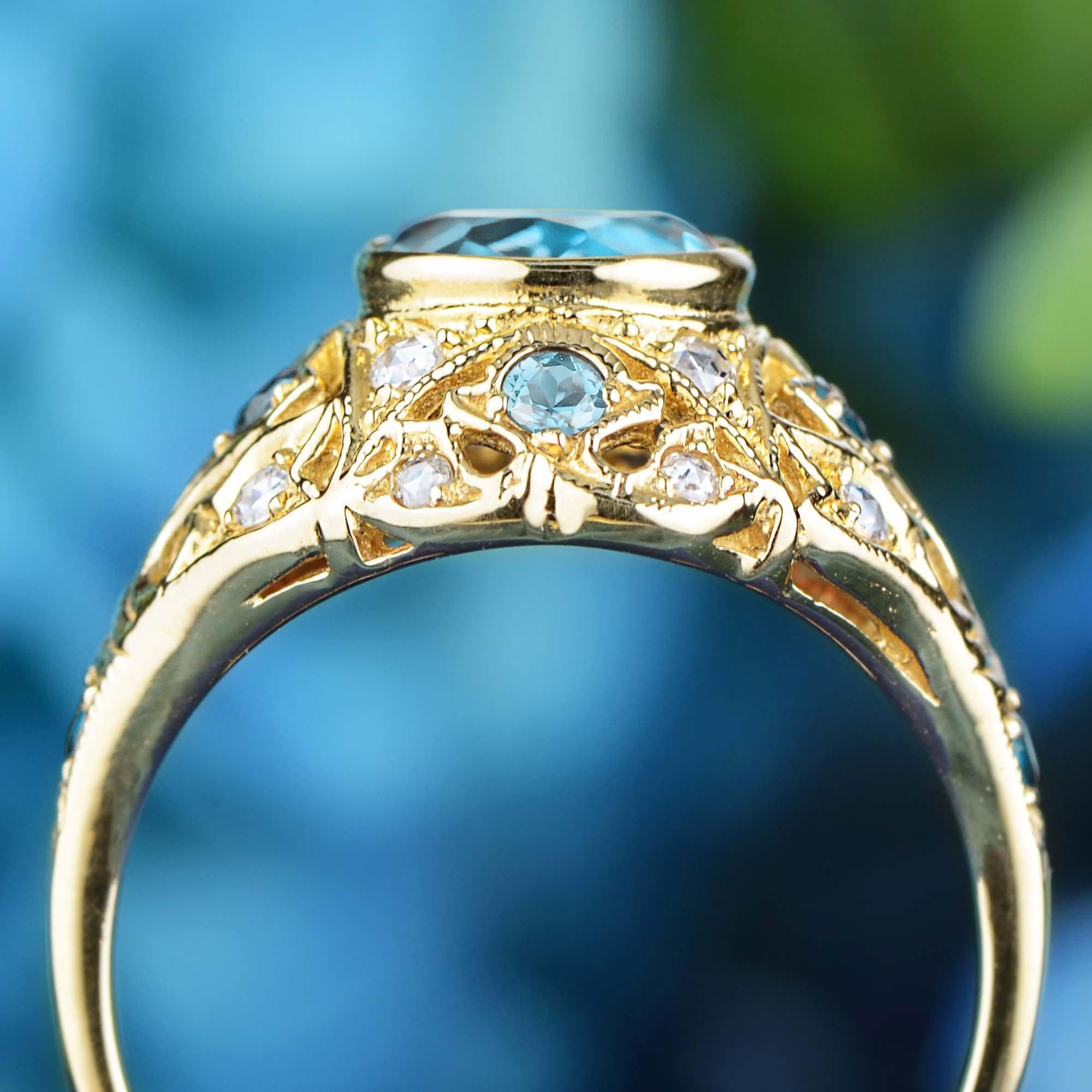 Blue Topaz and Diamond Vintage Style Dome Ring in Solid 9K Yellow Gold In New Condition For Sale In Bangkok, TH