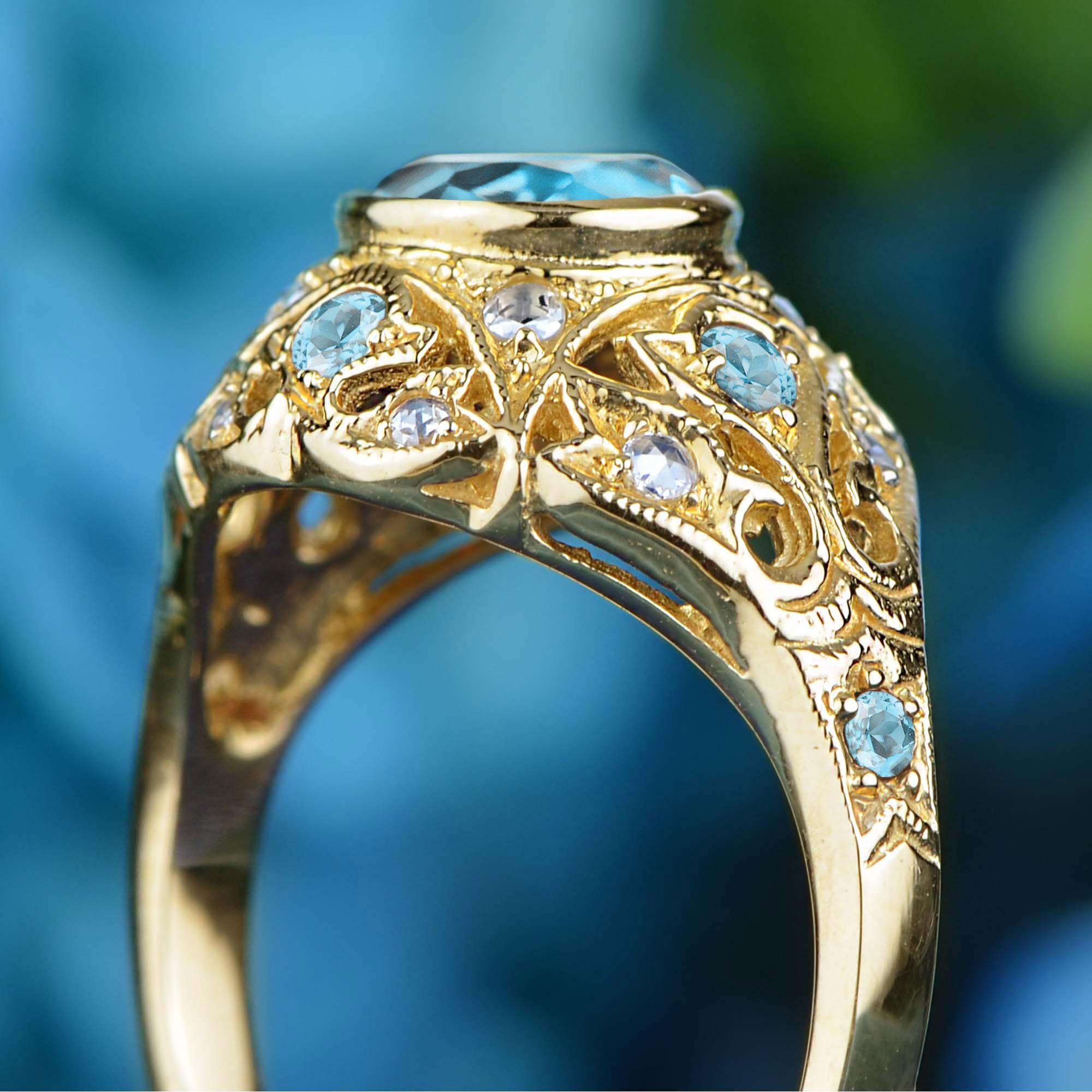 Women's or Men's Blue Topaz and Diamond Vintage Style Dome Ring in Solid 9K Yellow Gold For Sale