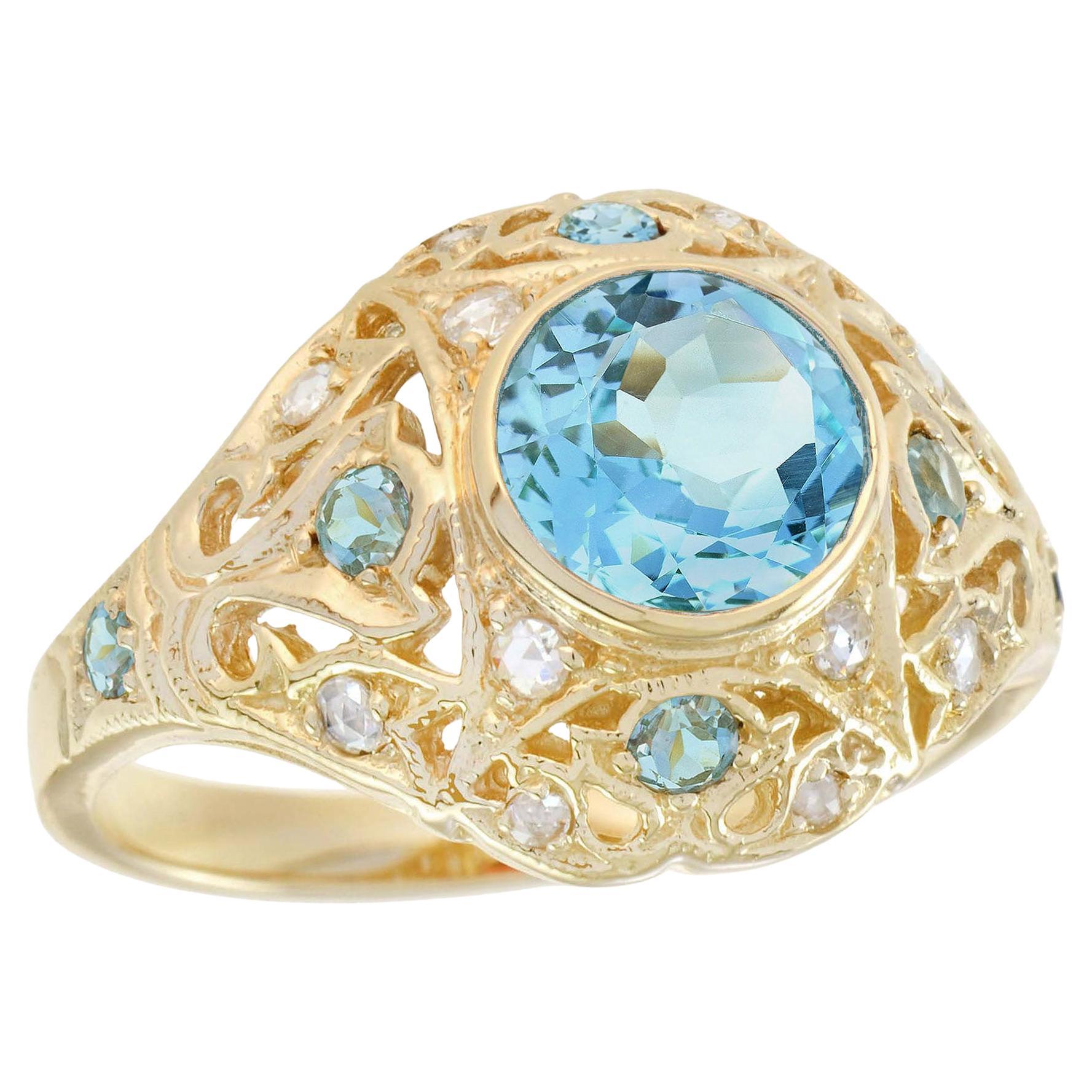 Blue Topaz and Diamond Vintage Style Dome Ring in Solid 9K Yellow Gold