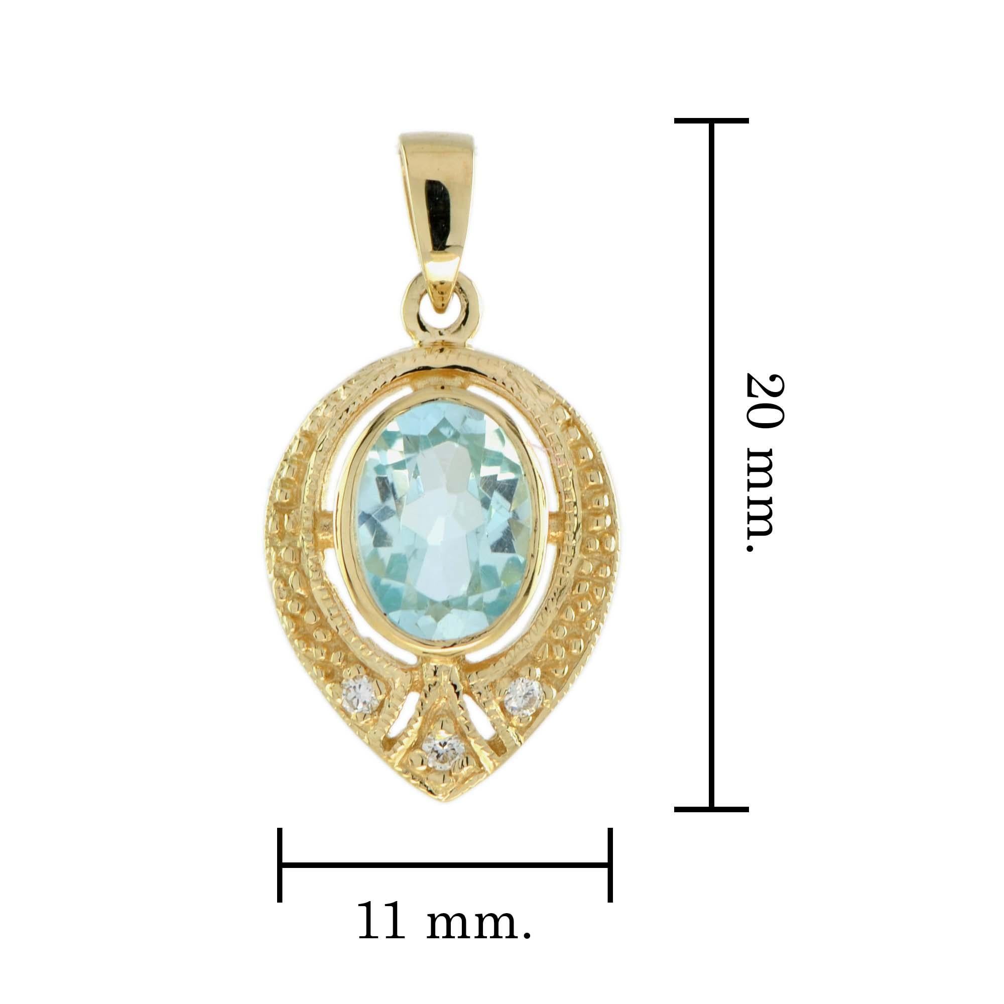 Natural Blue Topaz and Diamond Vintage Style Pendant in solid 9K Yellow Gold For Sale 1