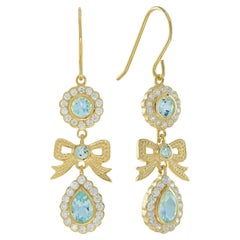 Orecchini a nastro in oro giallo 9K con topazio blu naturale e diamanti in stile vintage