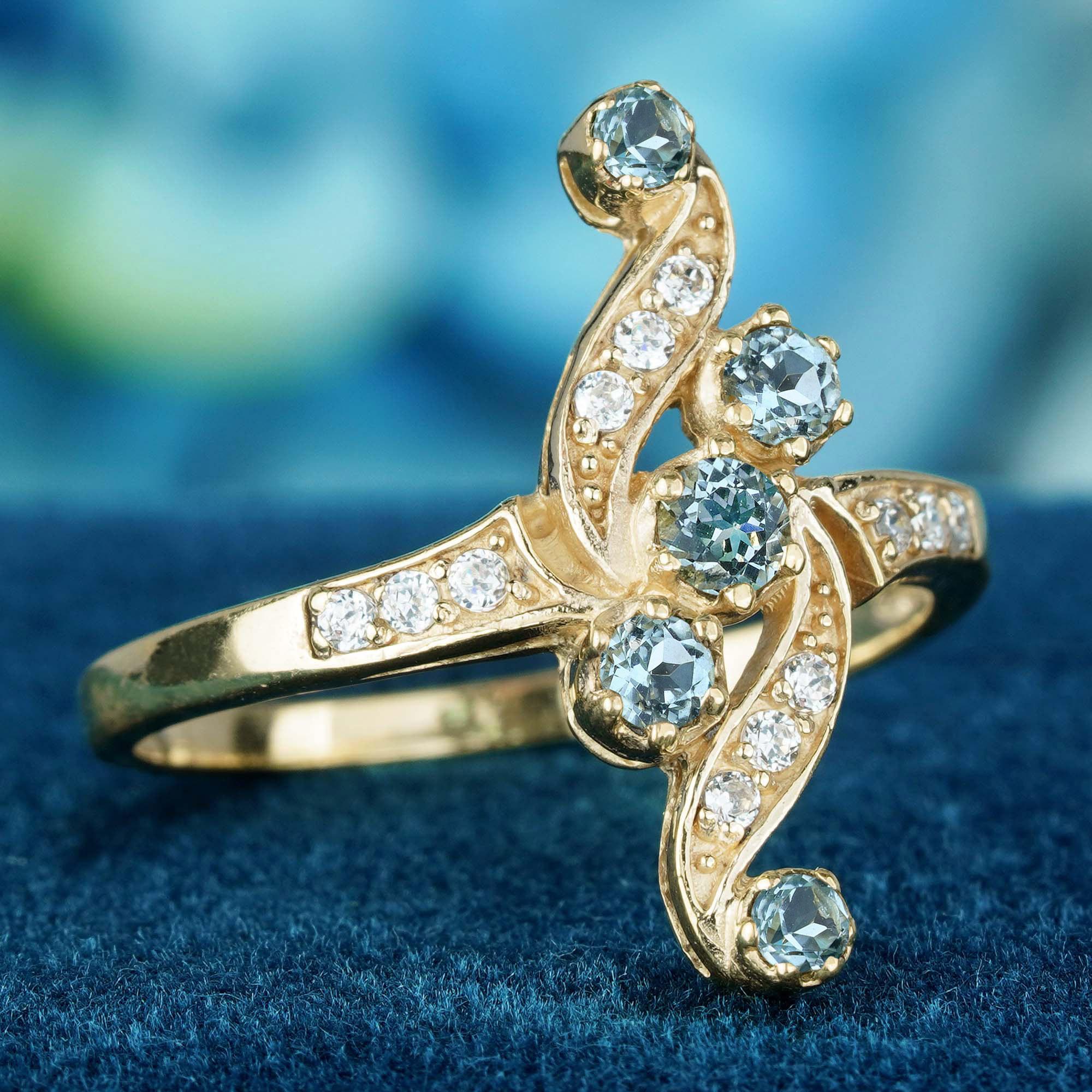 Édouardien Bague de style vintage en or jaune massif 9 carats, topaze bleue naturelle et diamants en vente
