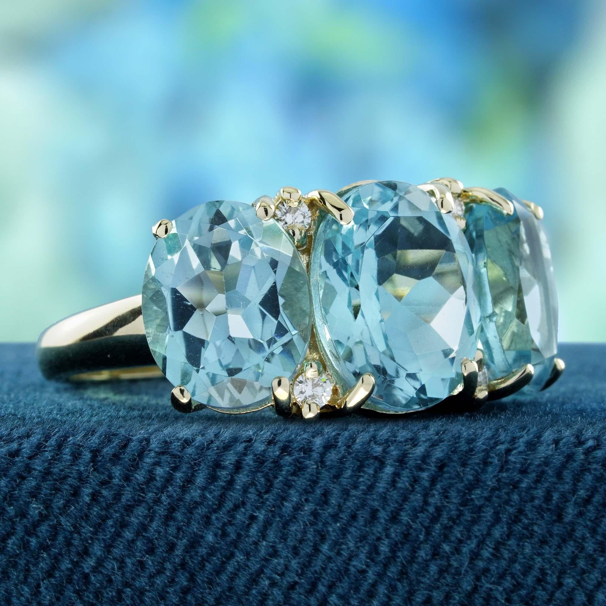 Edwardian Natural Blue Topaz and Diamond Vintage Style Three Stone Ring in Solid 9K Gold For Sale