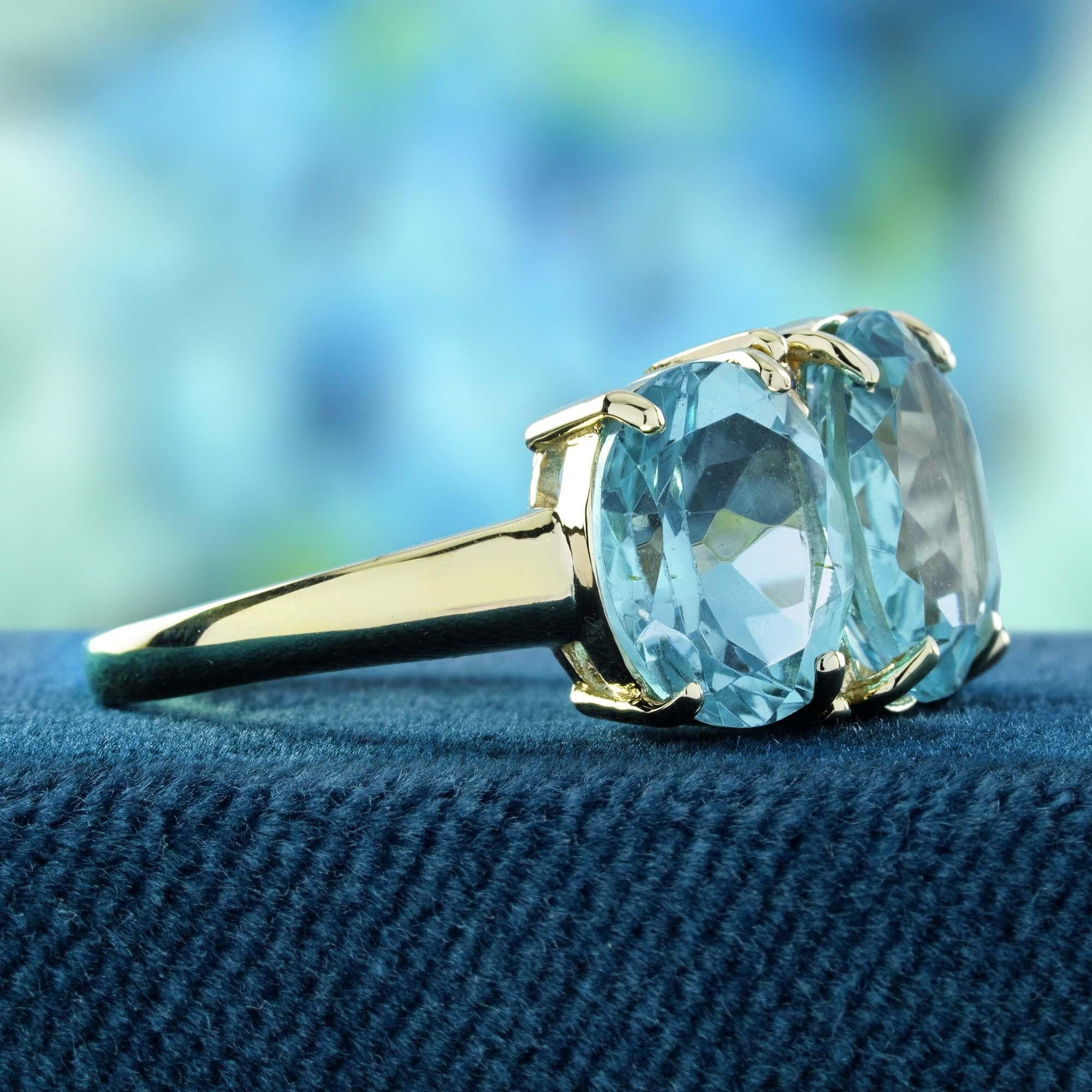 Oval Cut Natural Blue Topaz and Diamond Vintage Style Three Stone Ring in Solid 9K Gold For Sale