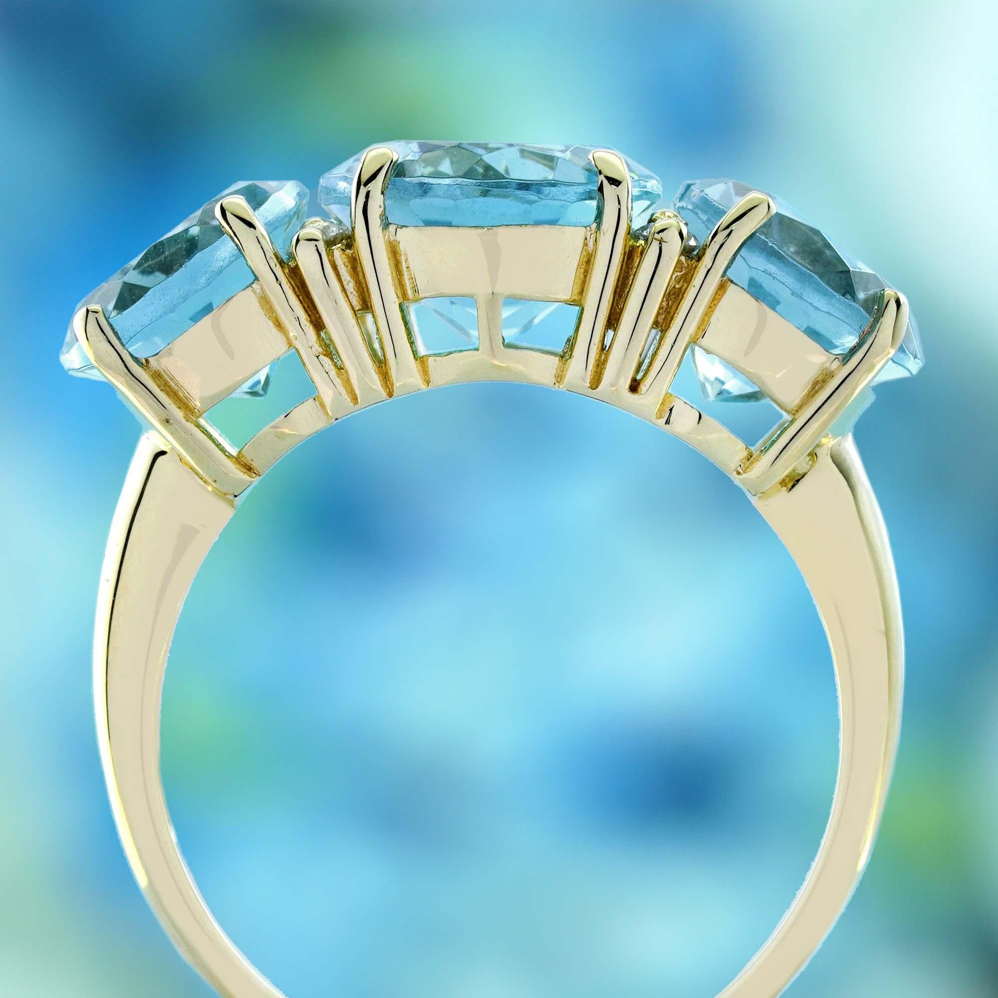 Natural Blue Topaz and Diamond Vintage Style Three Stone Ring in Solid 9K Gold In New Condition For Sale In Bangkok, TH