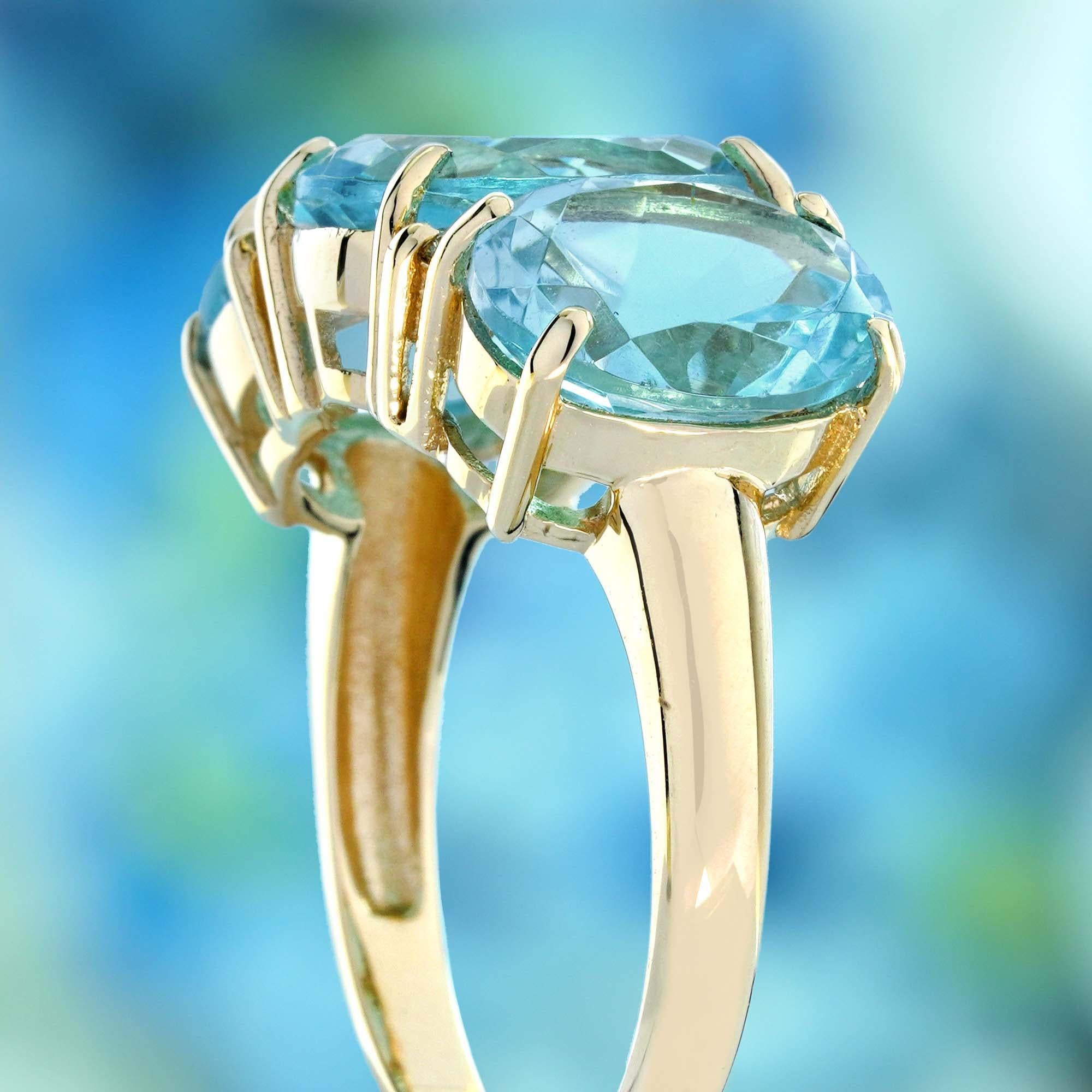 Women's Natural Blue Topaz and Diamond Vintage Style Three Stone Ring in Solid 9K Gold For Sale
