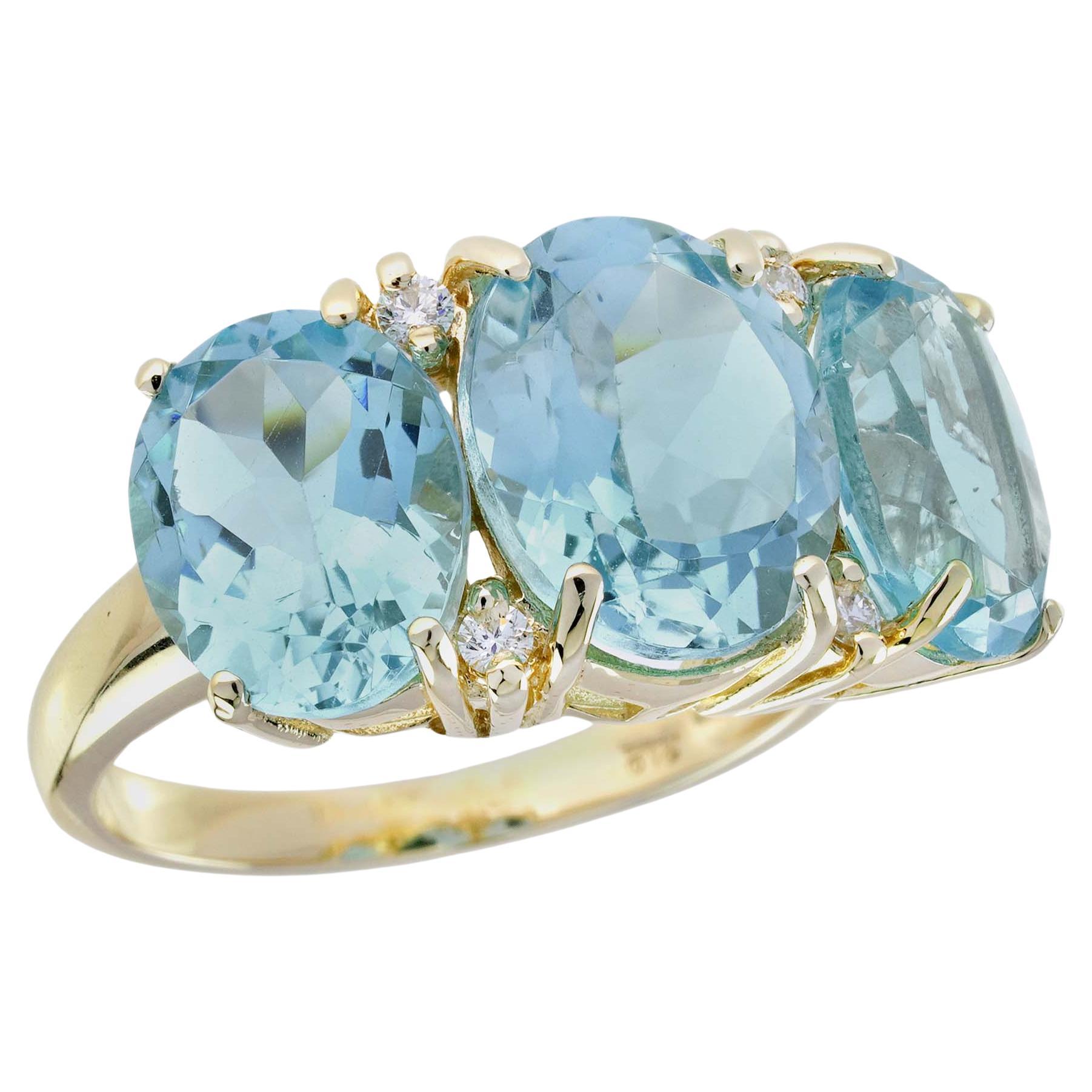 Bague à trois pierres de style vintage en or massif 9K avec topaze bleue naturelle et diamant