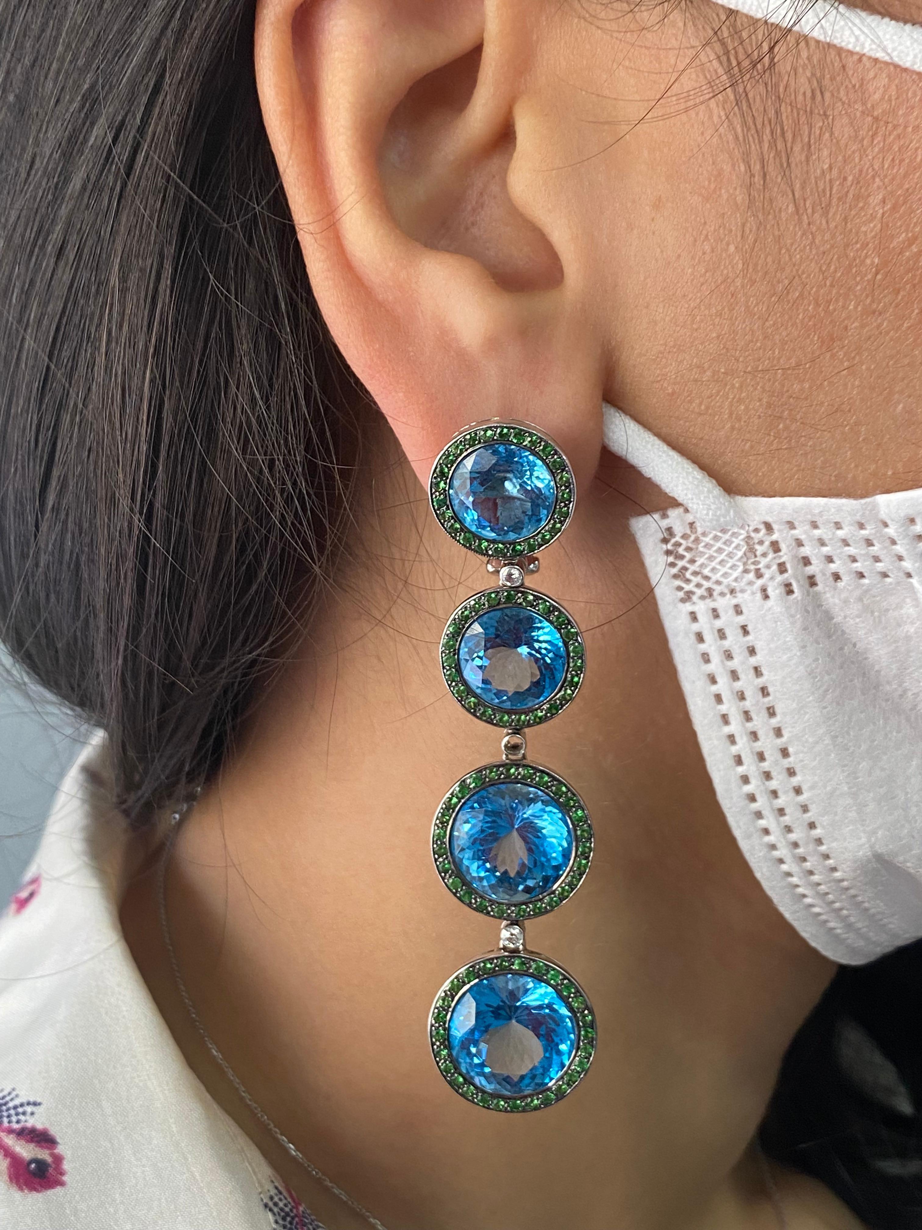 Art Deco Natural Blue Topaz and Green Garnet Dangle Earrings