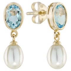 Natural Blue Topaz and Pearl Drop Earrings in 9K Yellow Gold