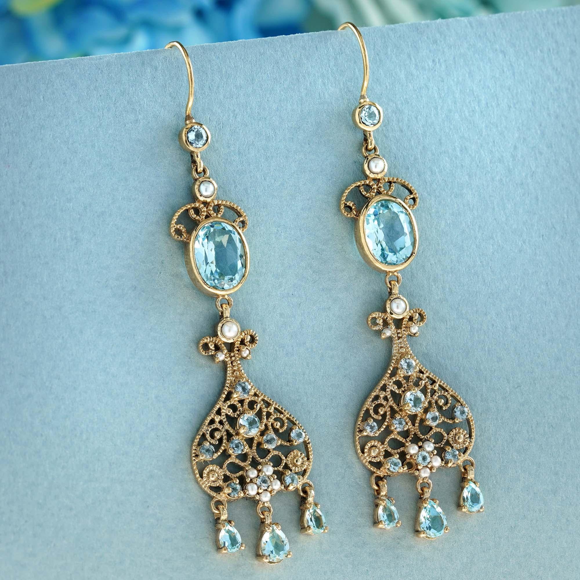 Edwardian Natural Blue Topaz and Pearl Vintage Style Dangle Earrings in 9K Yellow Gold For Sale