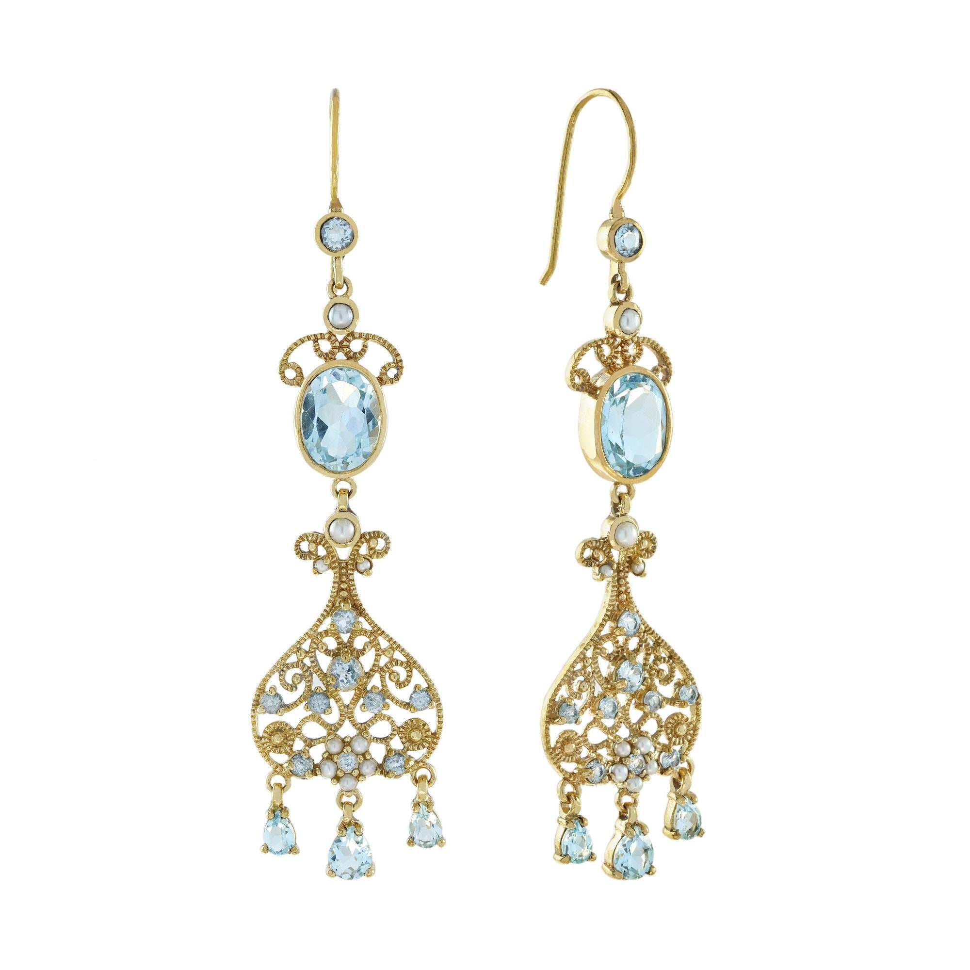 Natural Blue Topaz and Pearl Vintage Style Dangle Earrings in 9K Yellow Gold For Sale