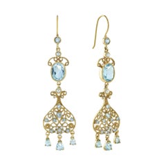 Boucles d'oreilles pendantes en or jaune 9K avec topaze bleue naturelle et perle de style vintage