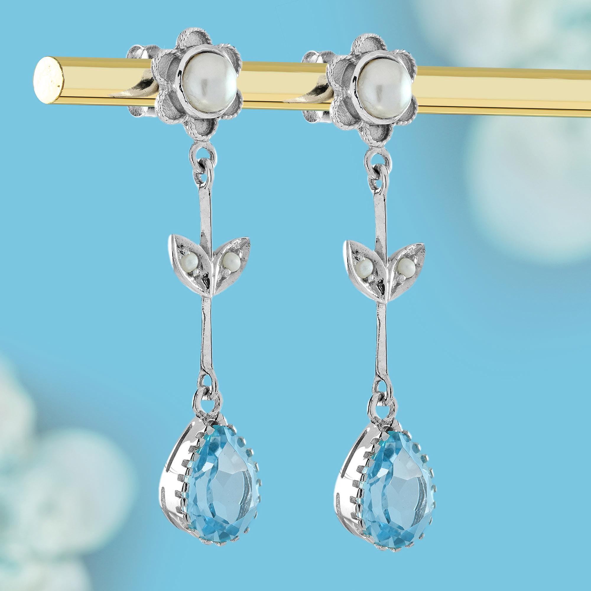 Edwardian Natural Blue Topaz Pearl Vintage Style Floral Drop Earrings in 9K White Gold For Sale