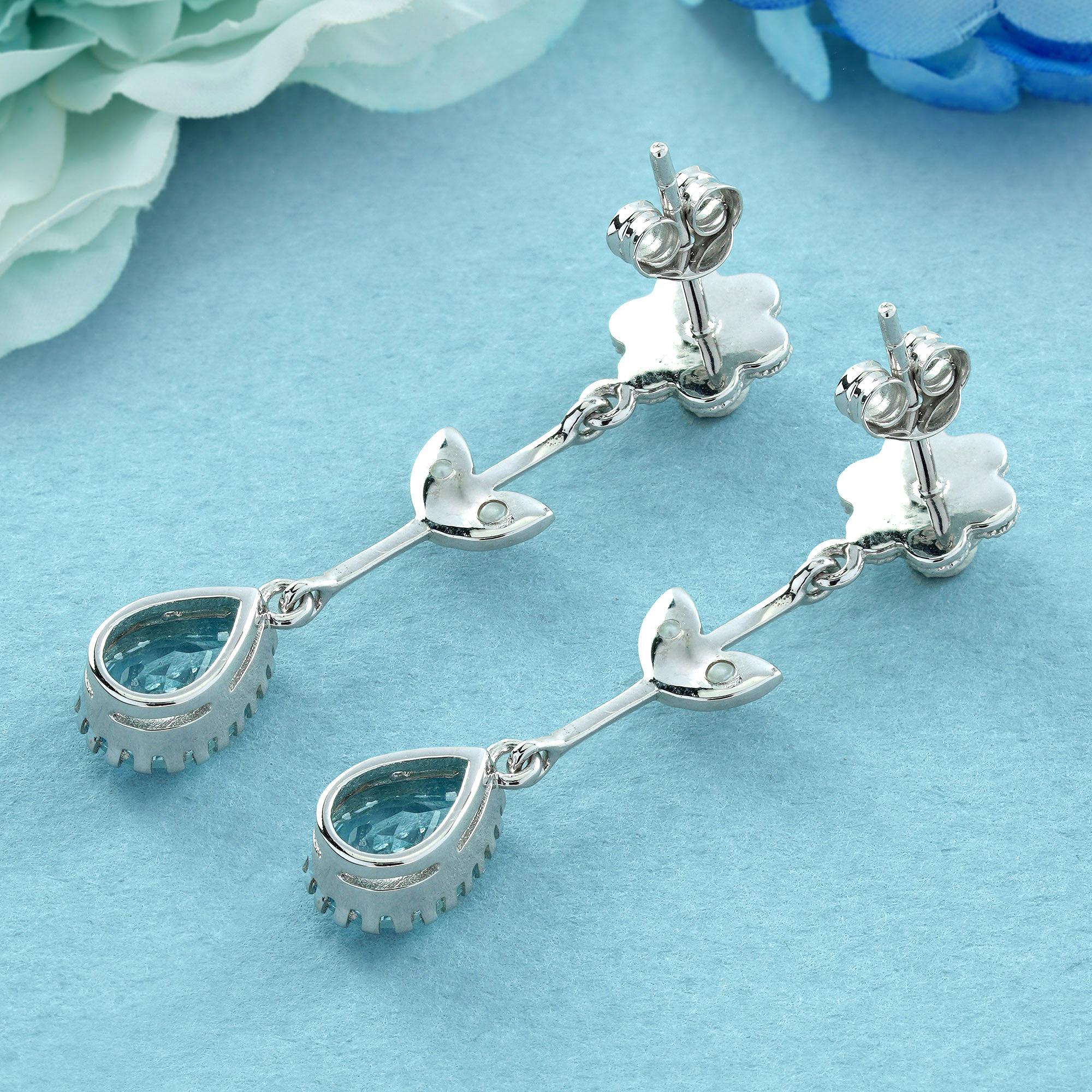 Pear Cut Natural Blue Topaz Pearl Vintage Style Floral Drop Earrings in 9K White Gold For Sale