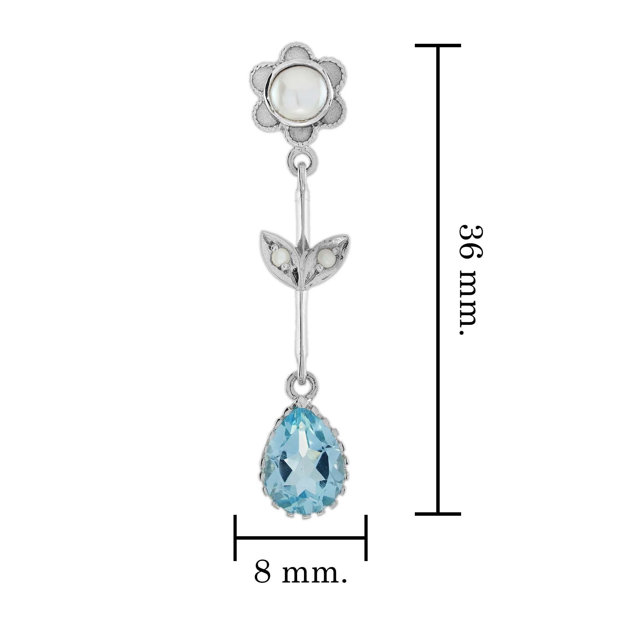 Natural Blue Topaz Pearl Vintage Style Floral Drop Earrings in 9K White Gold In New Condition For Sale In Bangkok, TH