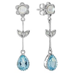 Orecchini a goccia floreali in stile vintage con topazio blu naturale e perla, in oro giallo 9 carati