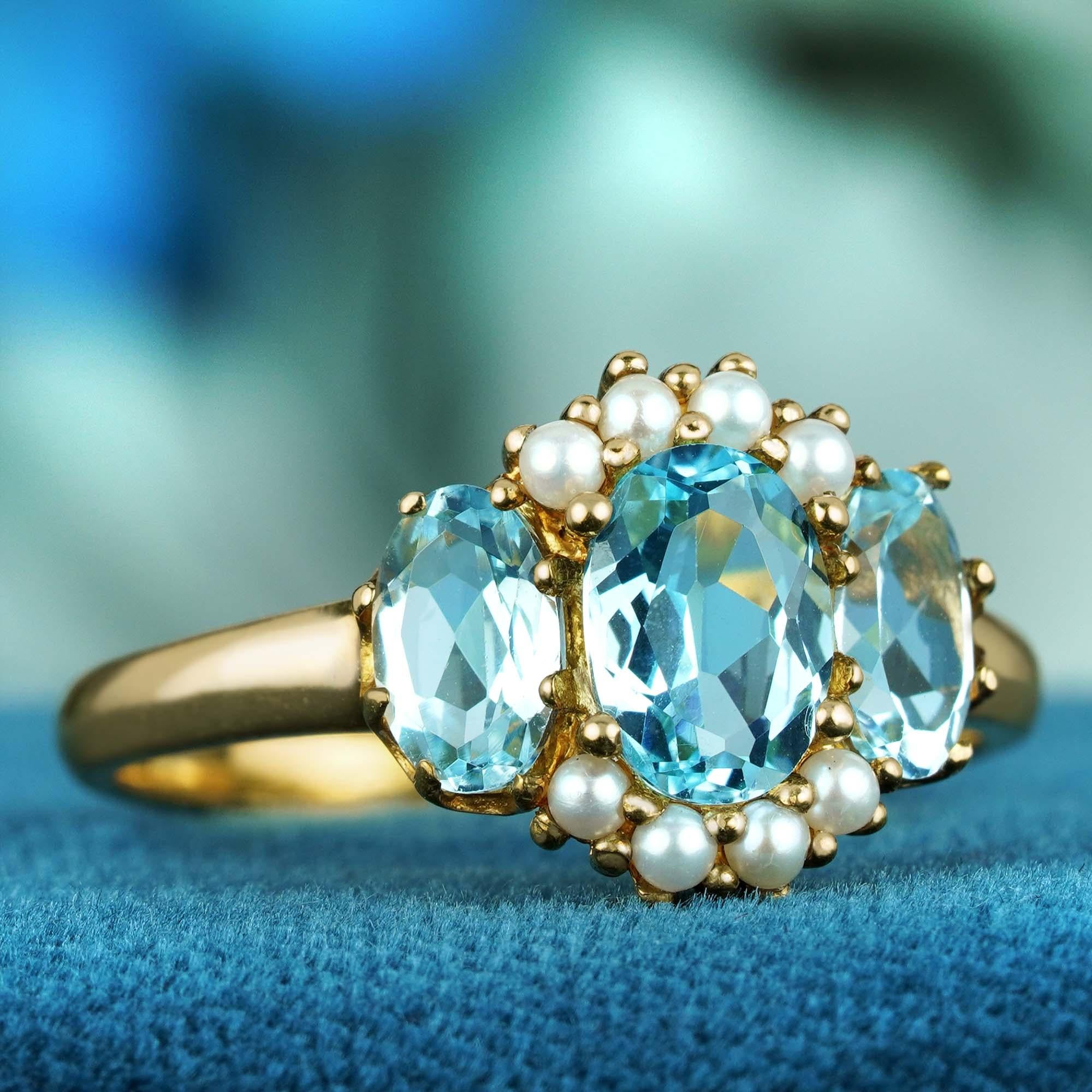 Im Angebot: Natürlicher blauer Topas und Perle Vintage-Ring mit drei Steinen aus massivem 9K Gold () 2