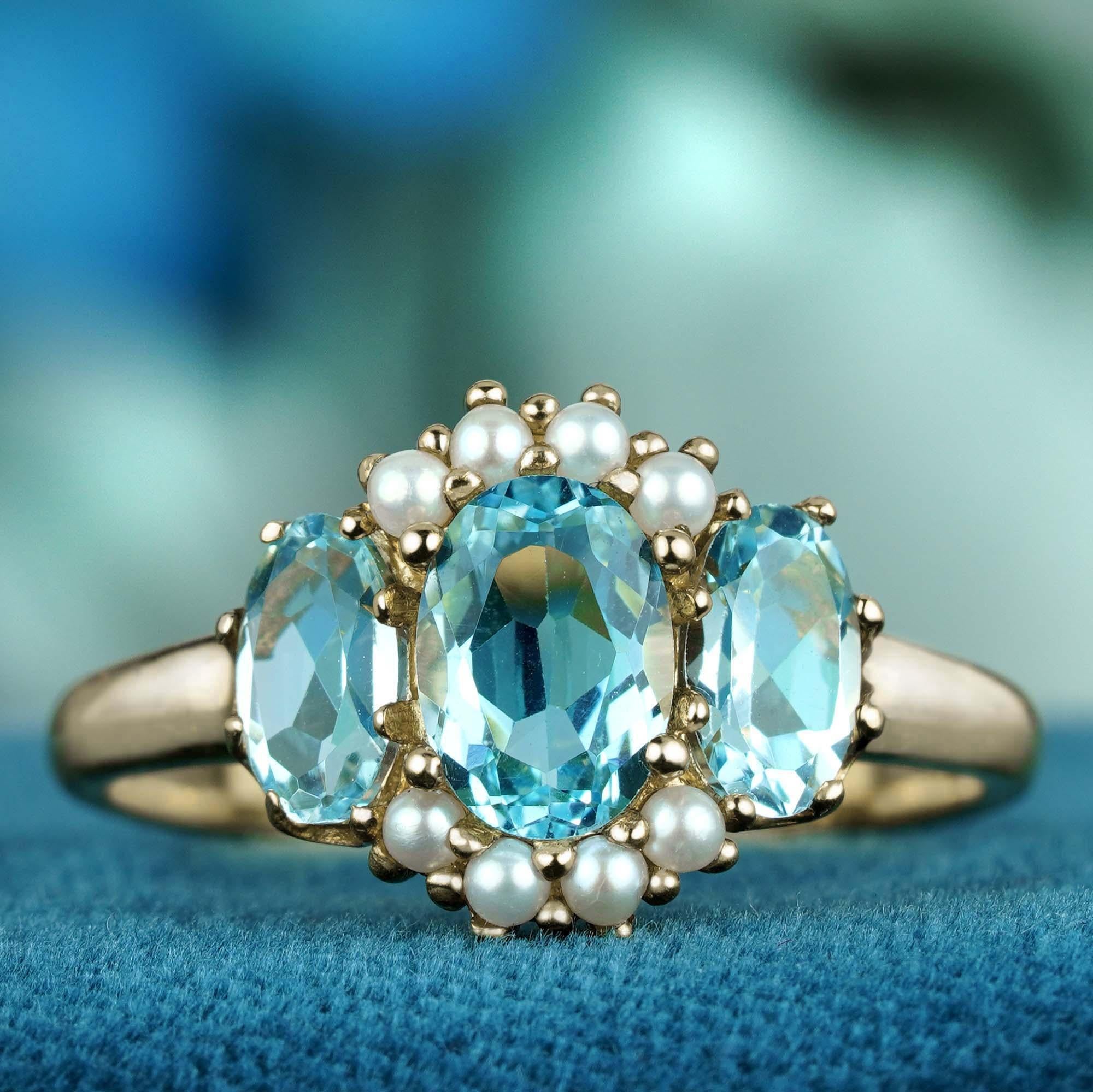For Sale:  Natural Blue Topaz and Pearl Vintage Style Three Stone Ring in Solid 9K Gold 2