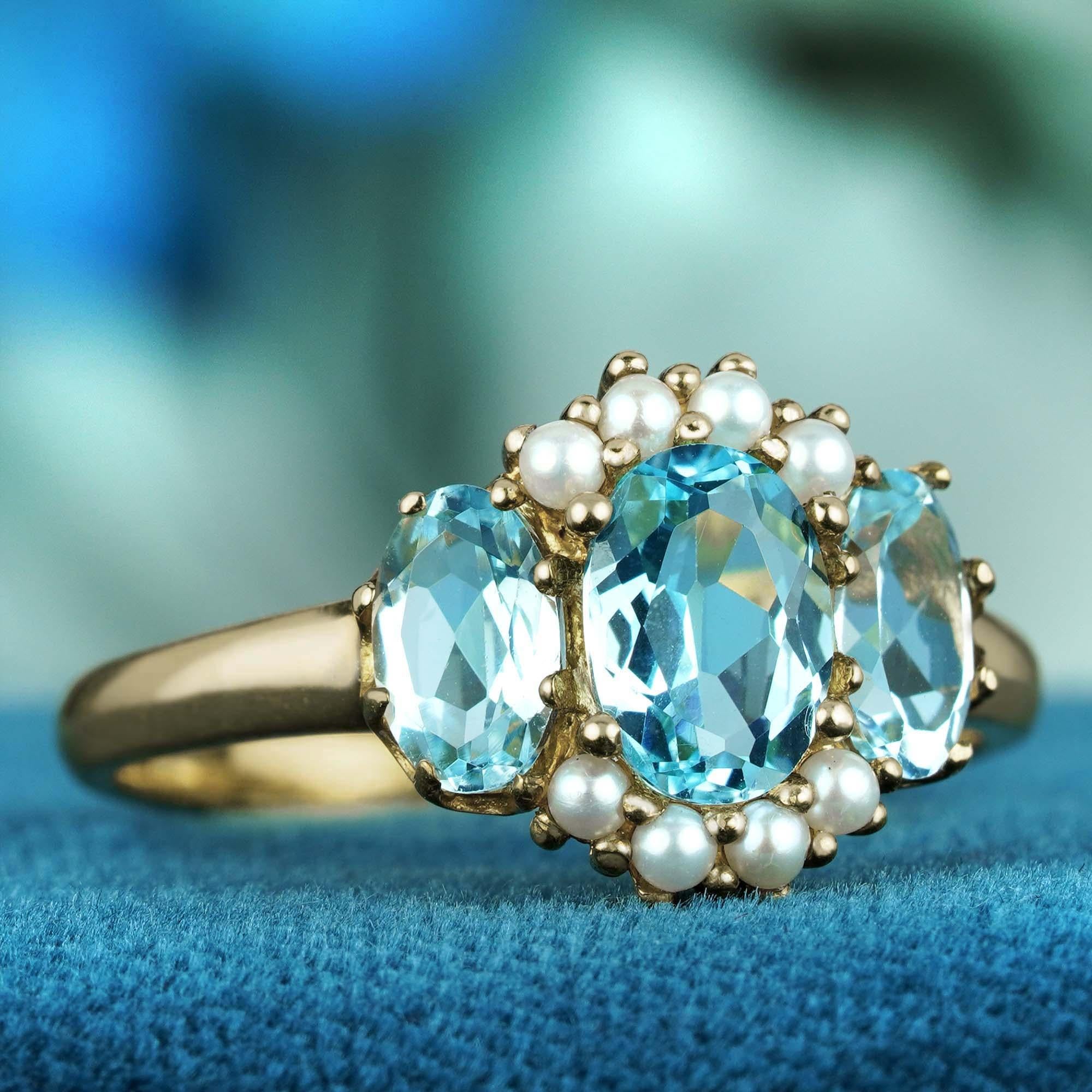 For Sale:  Natural Blue Topaz and Pearl Vintage Style Three Stone Ring in Solid 9K Gold 3