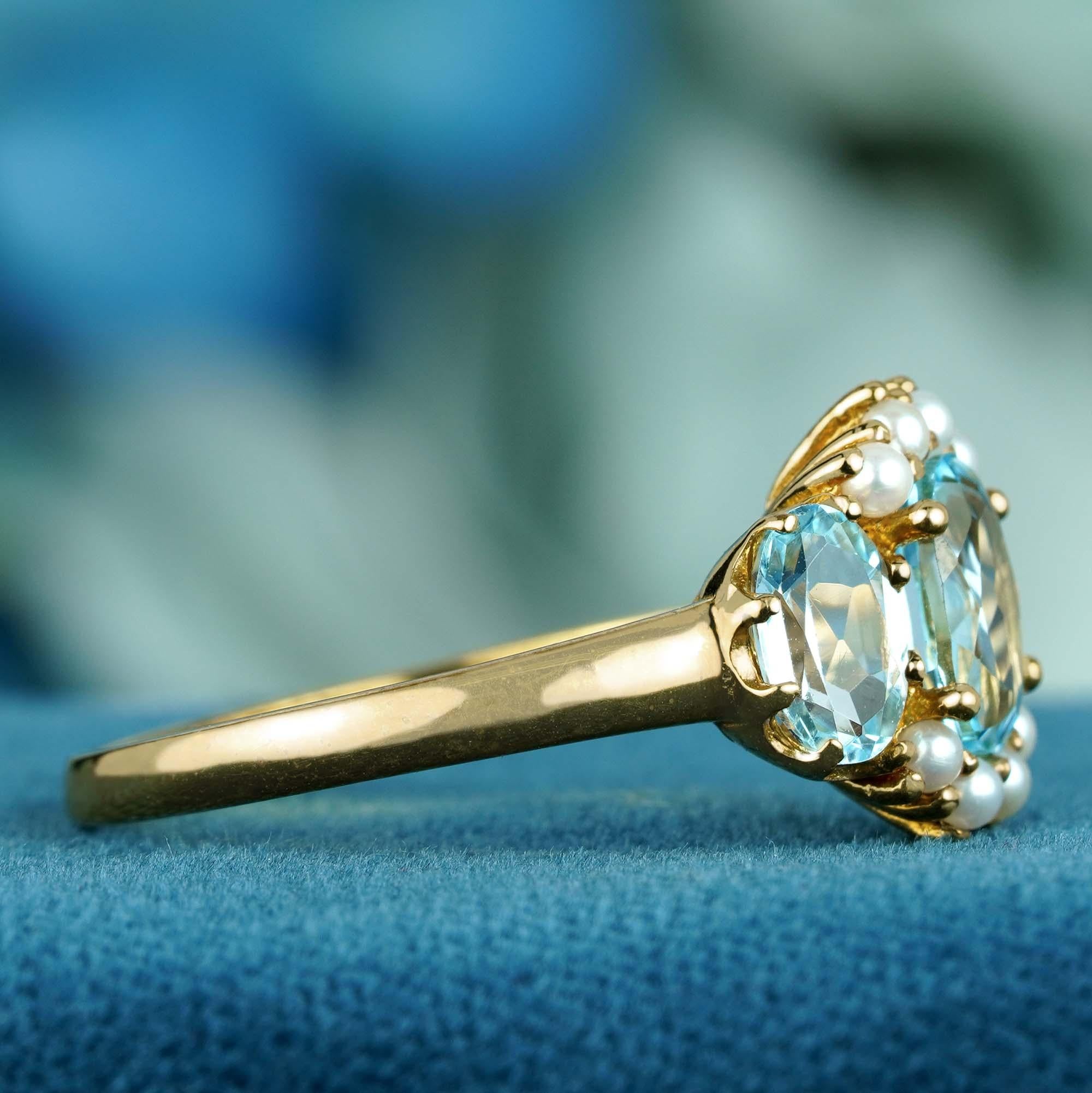 Im Angebot: Natürlicher blauer Topas und Perle Vintage-Ring mit drei Steinen aus massivem 9K Gold () 4