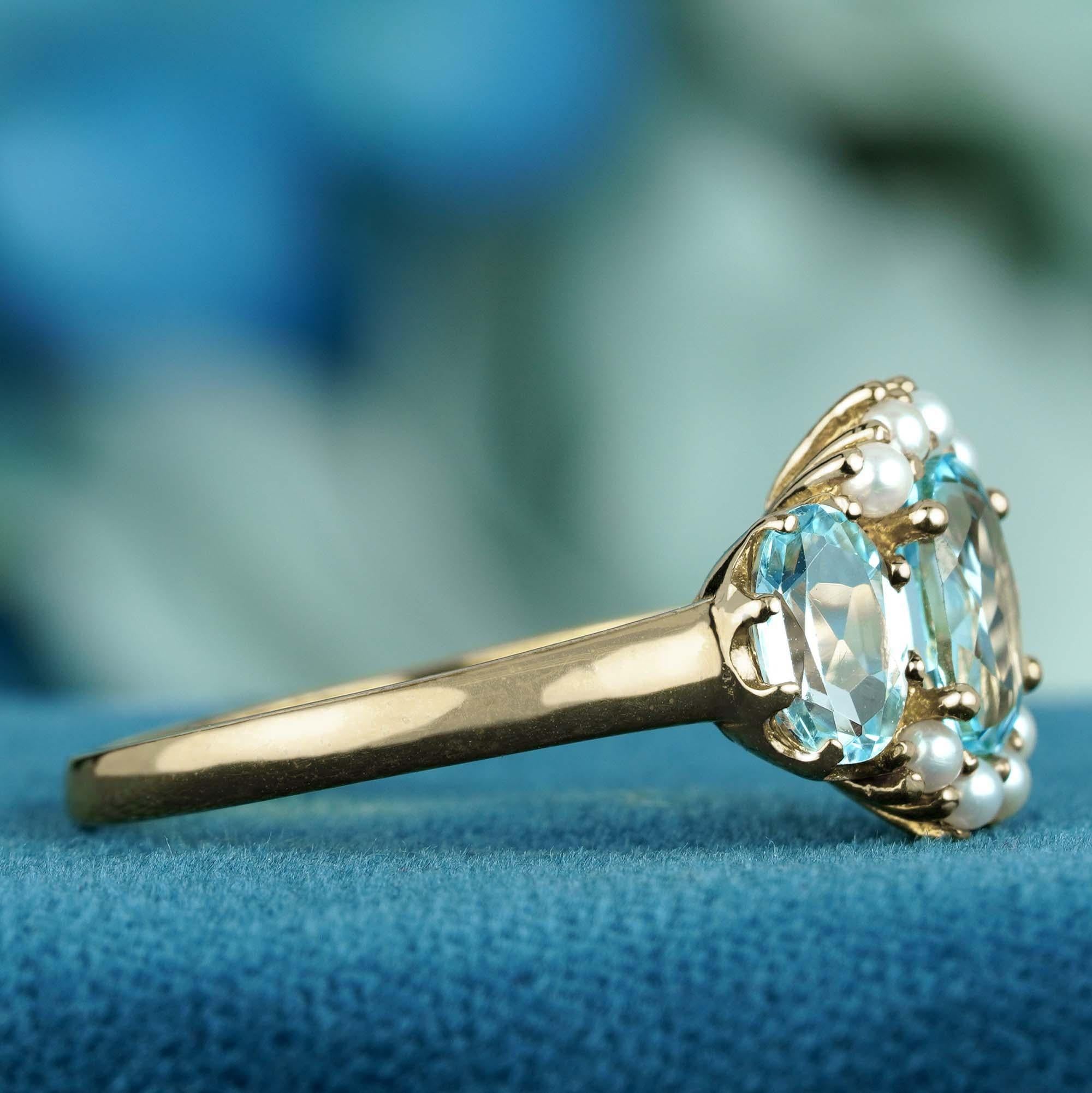 For Sale:  Natural Blue Topaz and Pearl Vintage Style Three Stone Ring in Solid 9K Gold 4