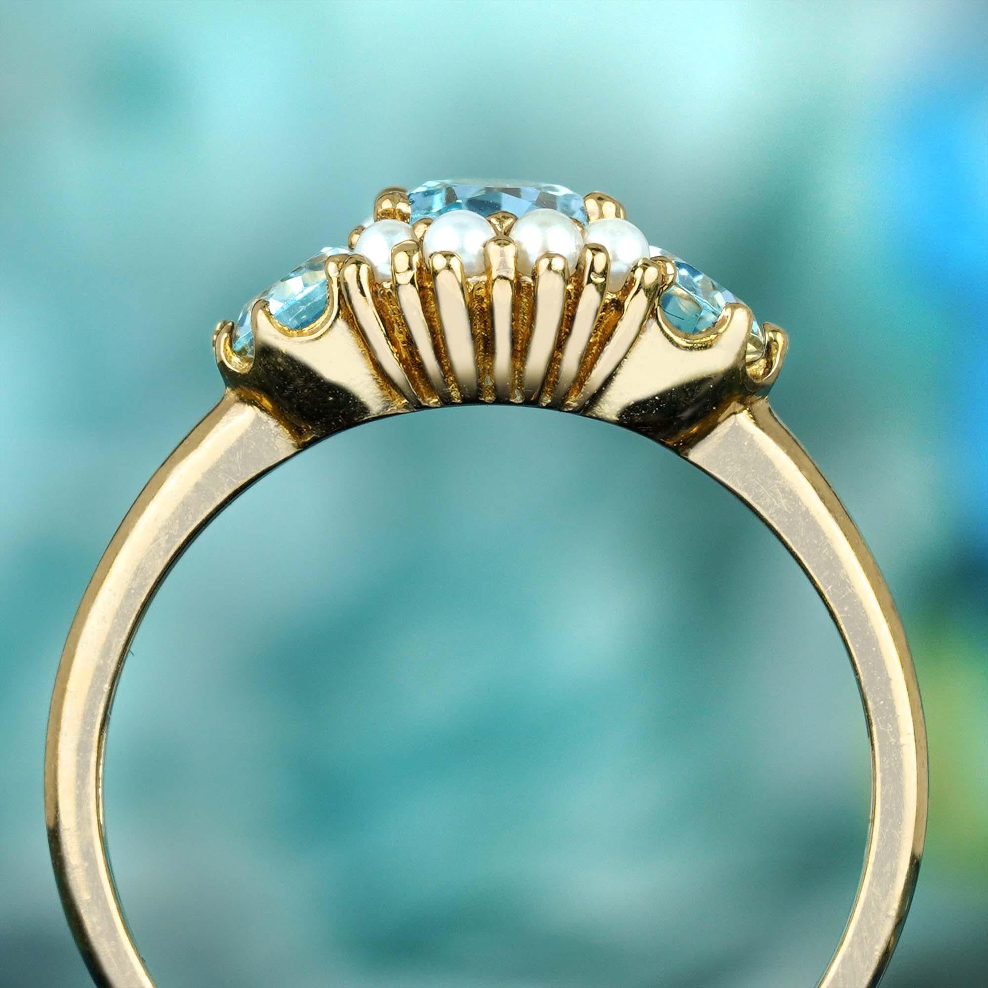For Sale:  Natural Blue Topaz and Pearl Vintage Style Three Stone Ring in Solid 9K Gold 5