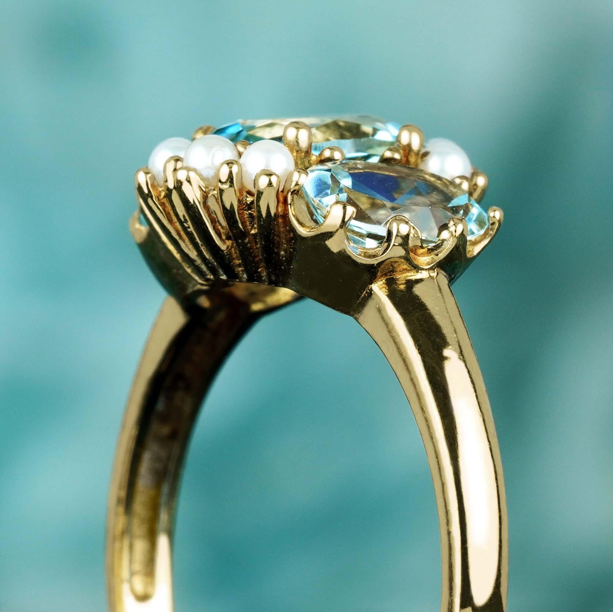 For Sale:  Natural Blue Topaz and Pearl Vintage Style Three Stone Ring in Solid 9K Gold 6