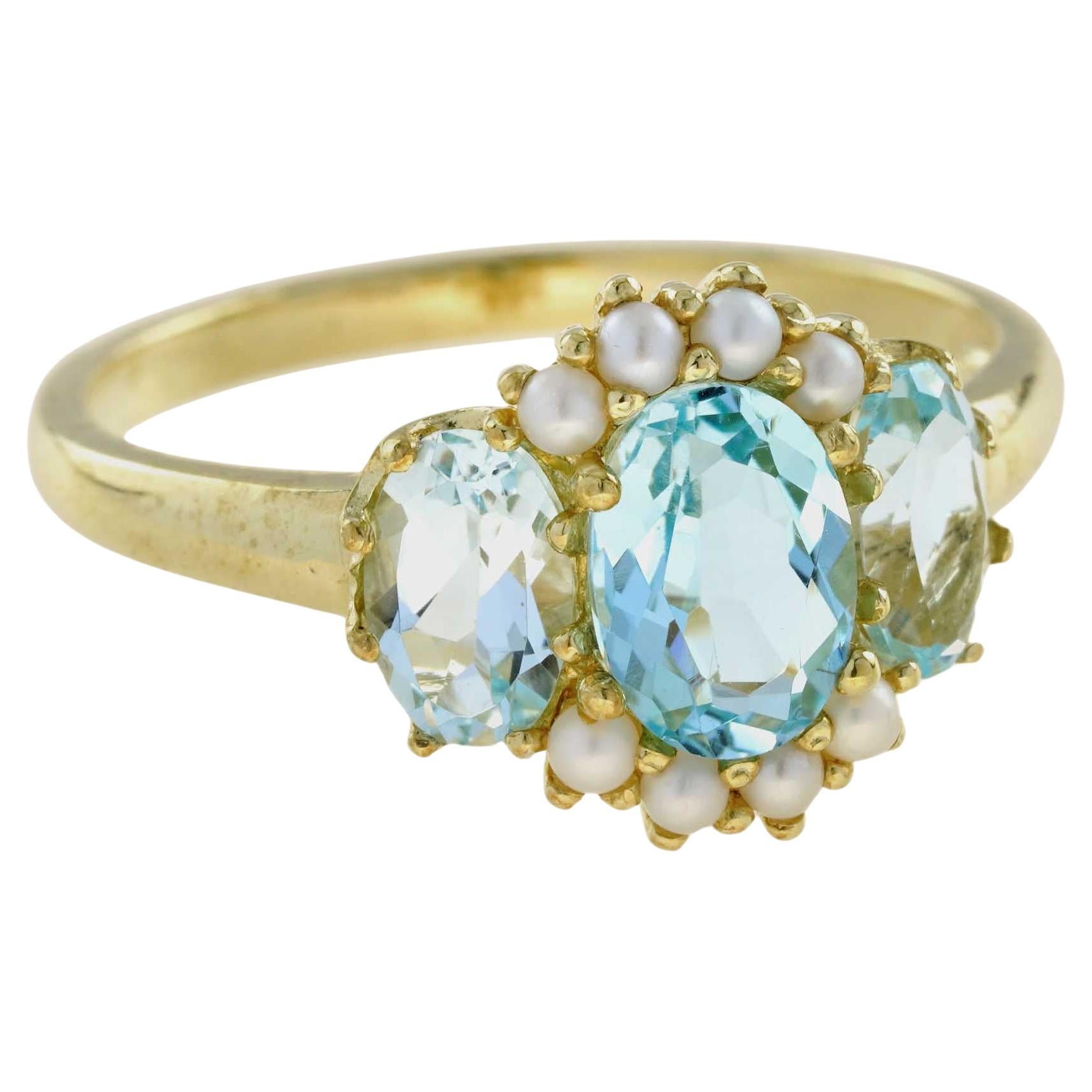 Im Angebot: Natürlicher blauer Topas und Perle Vintage-Ring mit drei Steinen aus massivem 9K Gold ()
