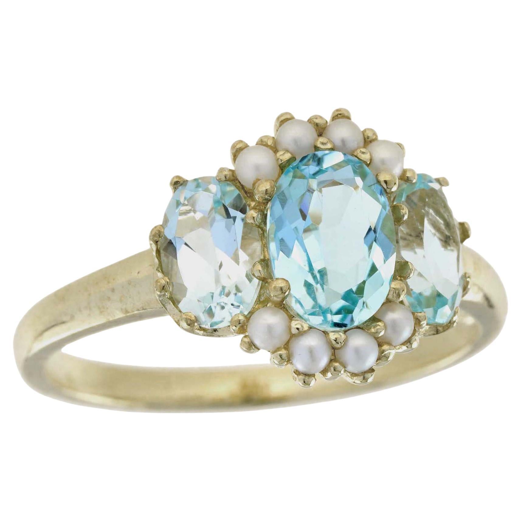 Natural Blue Topaz and Pearl Vintage Style Three Stone Ring in Solid 9K Gold