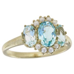 Natural Blue Topaz and Pearl Vintage Style Three Stone Ring in Solid 9K Gold