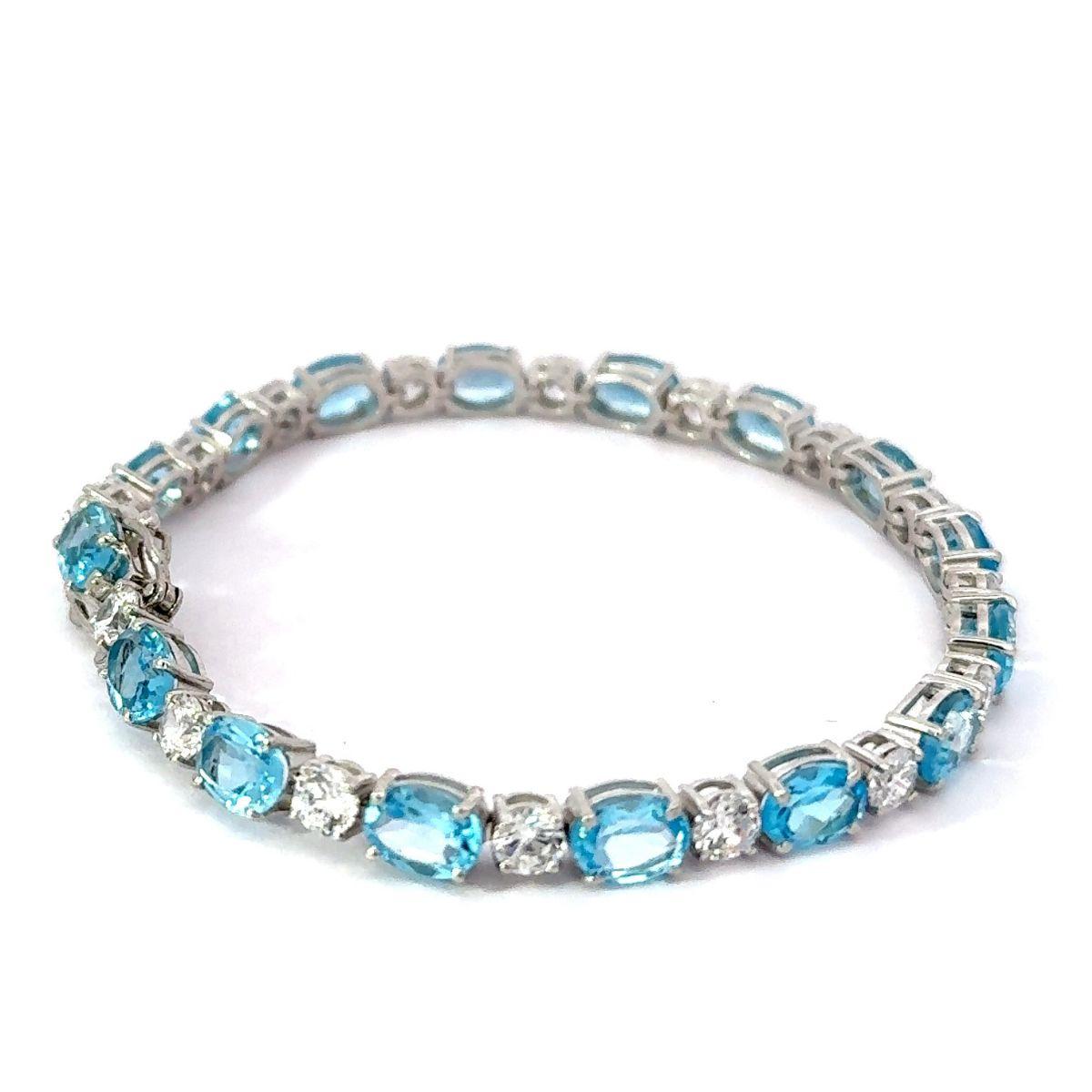 Modern Natural Blue Topaz and CZ 15.3 Carat Silver Tennis Bracelet Jewelry Gift for Her For Sale