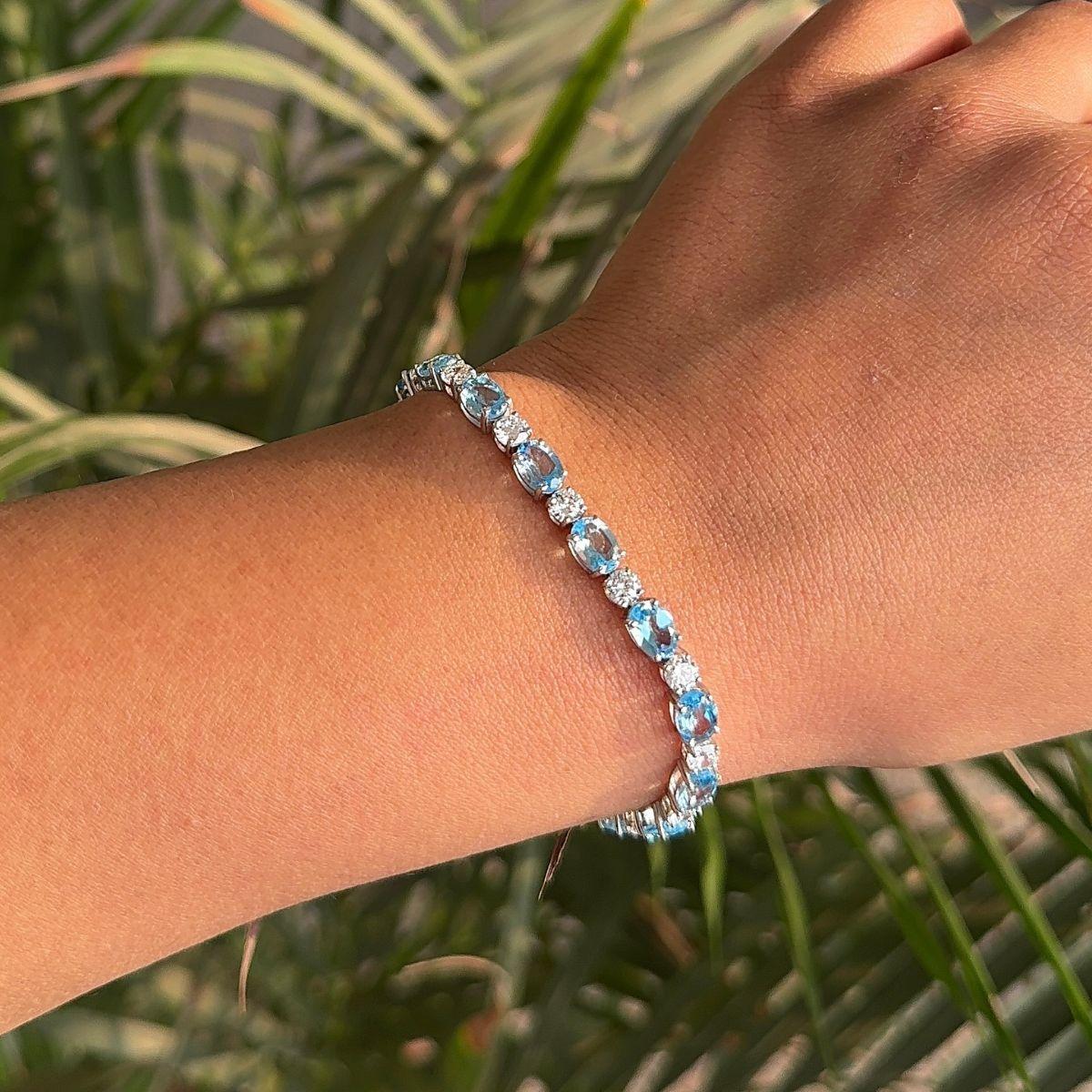 Oval Cut Natural Blue Topaz and CZ 15.3 Carat Silver Tennis Bracelet Jewelry Gift for Her For Sale