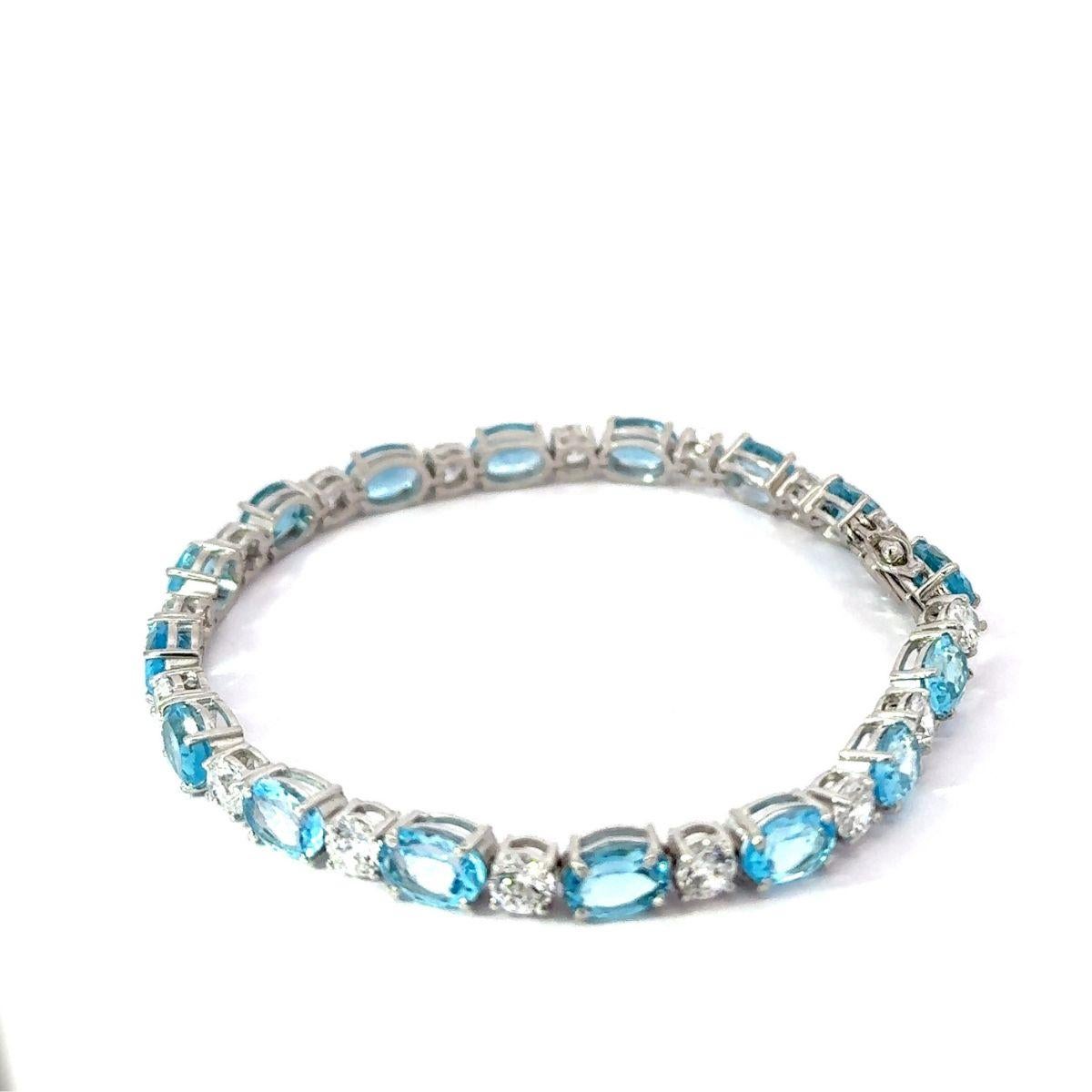 Natural Blue Topaz and CZ 15.3 Carat Silver Tennis Bracelet Jewelry Gift for Her For Sale 3
