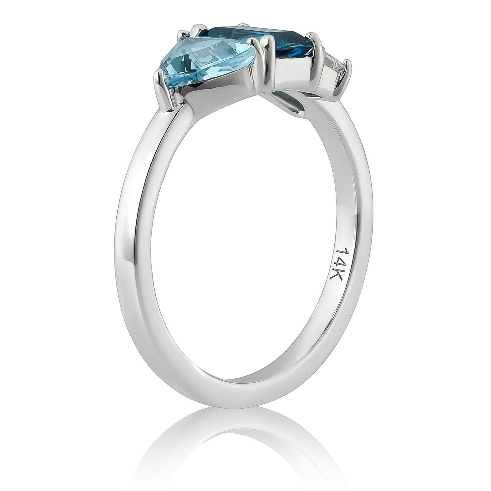 Topacio Azul Natural, Aguamarina y Diamante 1,46 quilates de peso total en 14KWG Anillo Corte mixto en venta