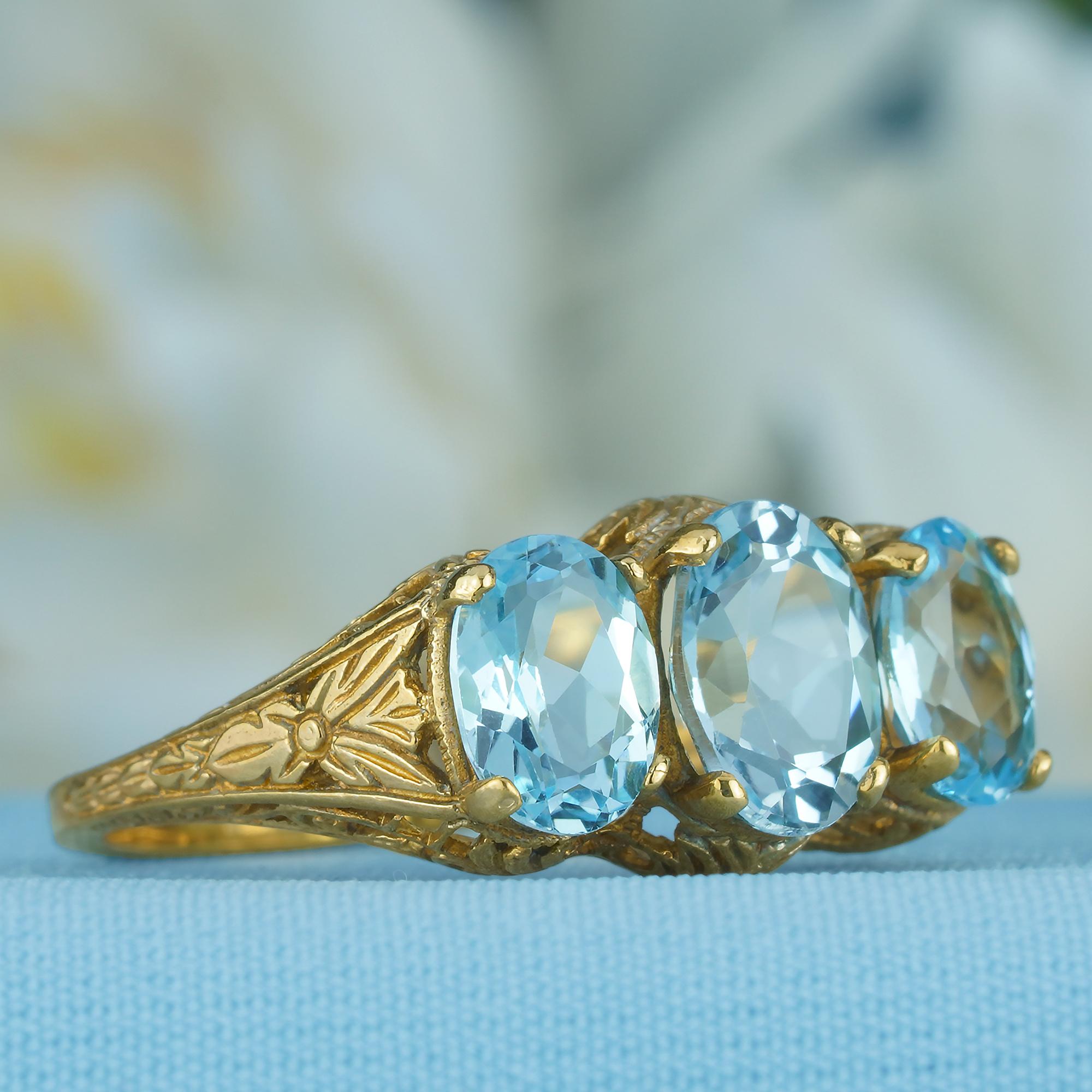 Add a delicate and unique aesthetic to your hand with this filigree ring by GEMMA FILIGREE. 
Our antique design gold filigree rings equate to delicacy and light openwork, while maintains strength 
for everyday wear for a lifetime.

Three stone ring