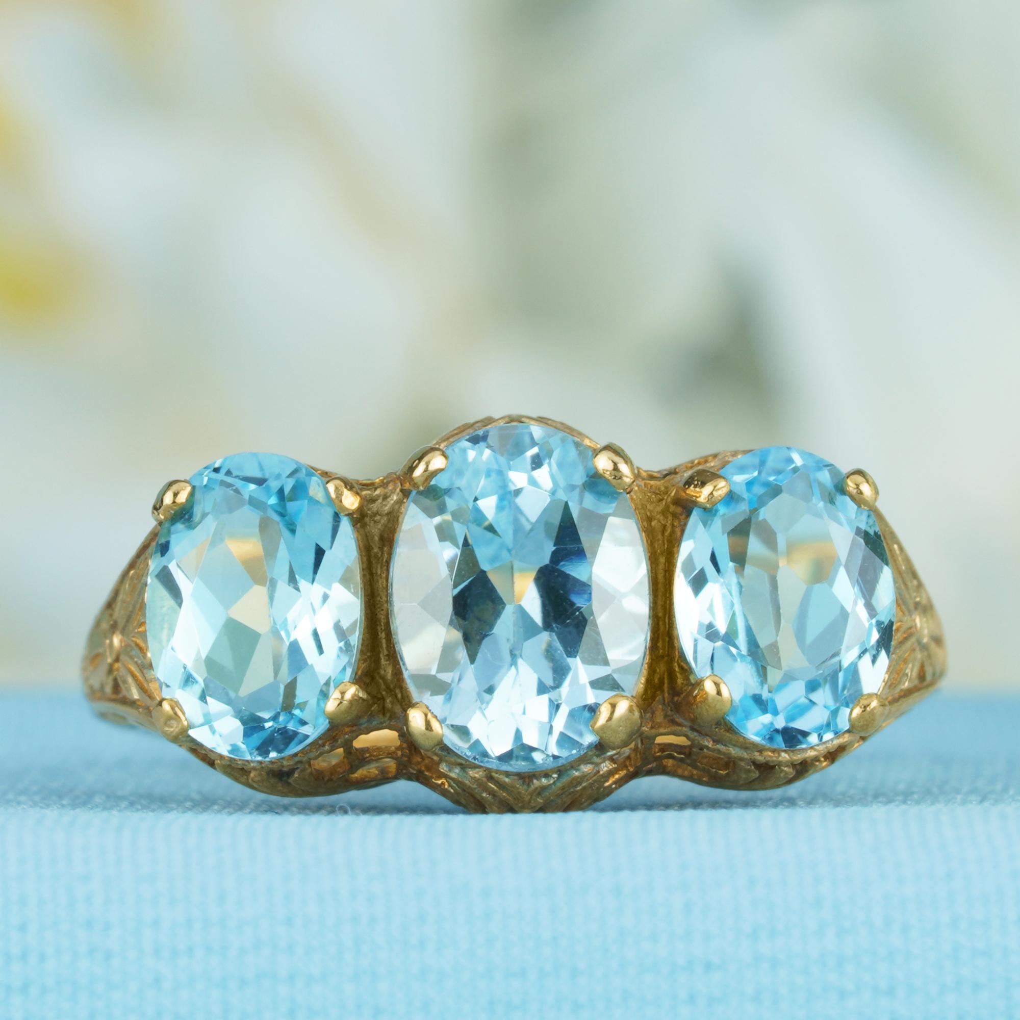Edwardian Natural Blue Topaz Art Deco Style Three Stone Filigree Ring in Solid 9K Gold For Sale