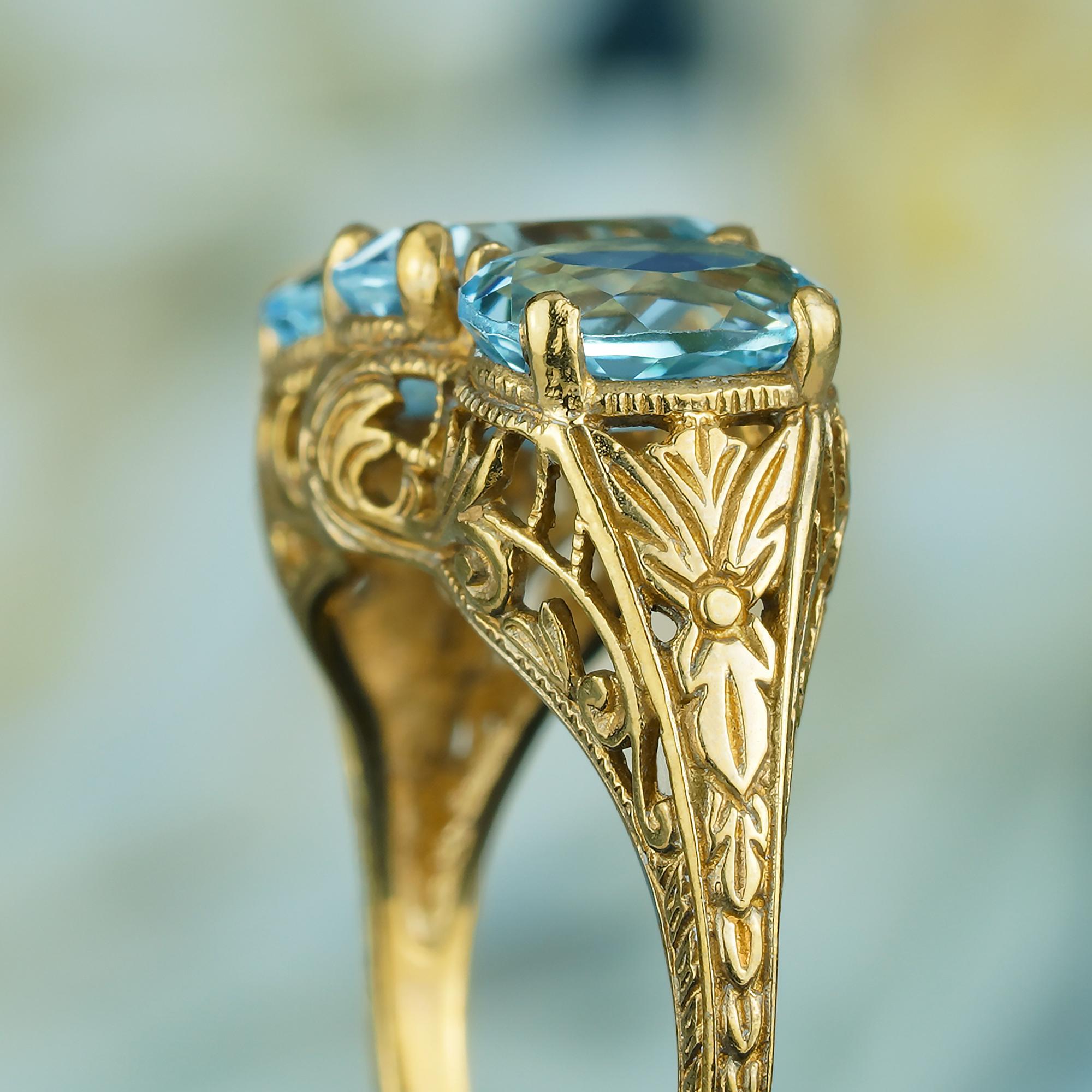 Women's Natural Blue Topaz Art Deco Style Three Stone Filigree Ring in Solid 9K Gold For Sale