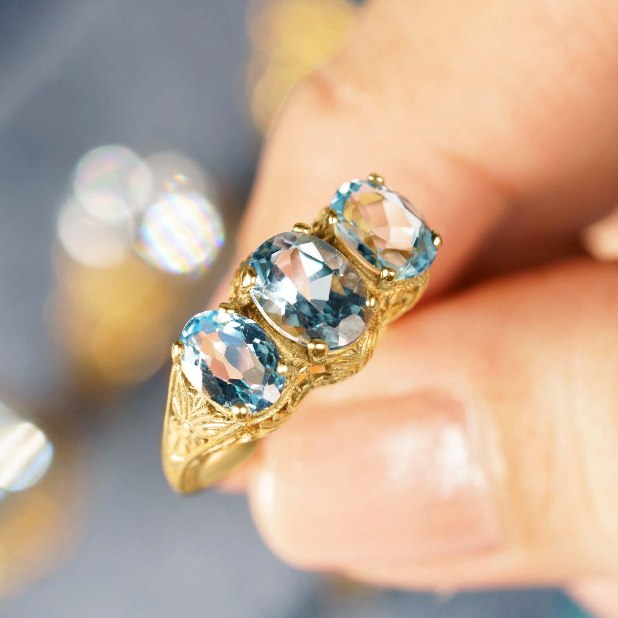 Natural Blue Topaz Art Deco Style Three Stone Filigree Ring in Solid 9K Gold For Sale 2