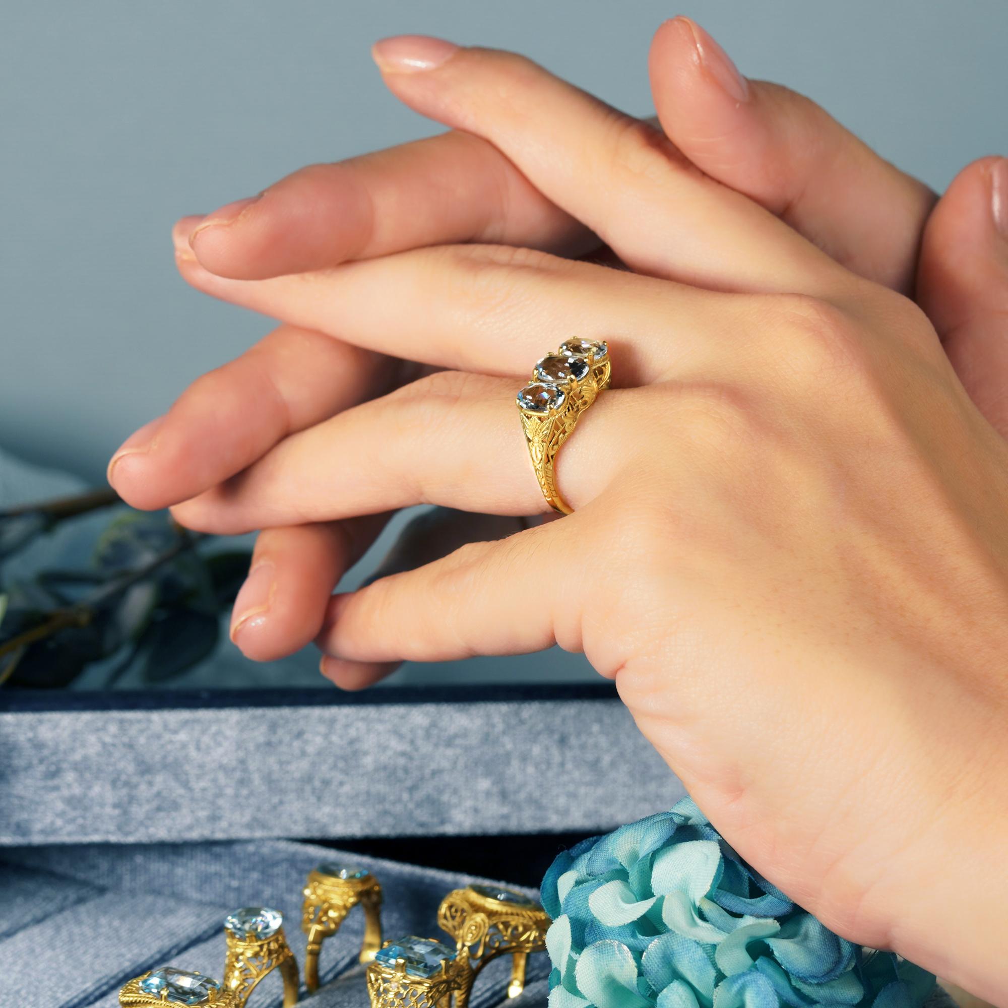 Natural Blue Topaz Art Deco Style Three Stone Filigree Ring in Solid 9K Gold For Sale 3